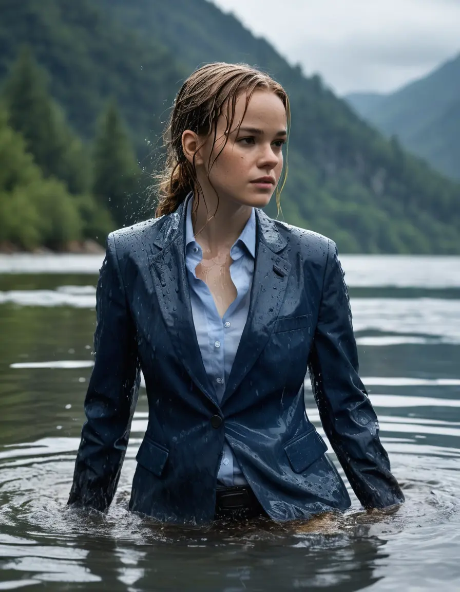 photo of young woman, in soaking wet, drenched clothes,
Dark Blue Business Trouser, Dark Blue Business Suit Jacket with light Blue button down long sleeve business Shirt, underwater in a Clear deep Mountain Lake, 
enjoying, wet clothes stuck to body,
detailed textures of the wet clothes, wet face, wet plastered hair,
wet, drenched, professional, high-quality details, full body view.
sharp focus, ultra-high pixel detail, realistic, high-quality, full colors, incredibly detailed, 4k, 8k, 16k, hyper-realistic, RAW photo, masterpiece, ultra-detailed, professionally color graded, professional photograph, Danielle Panabaker, completely soaked, fully drenched, completely wet, wetlook, heavy rain, side parting, open hair, long hair, rain storm, Swimming underwater