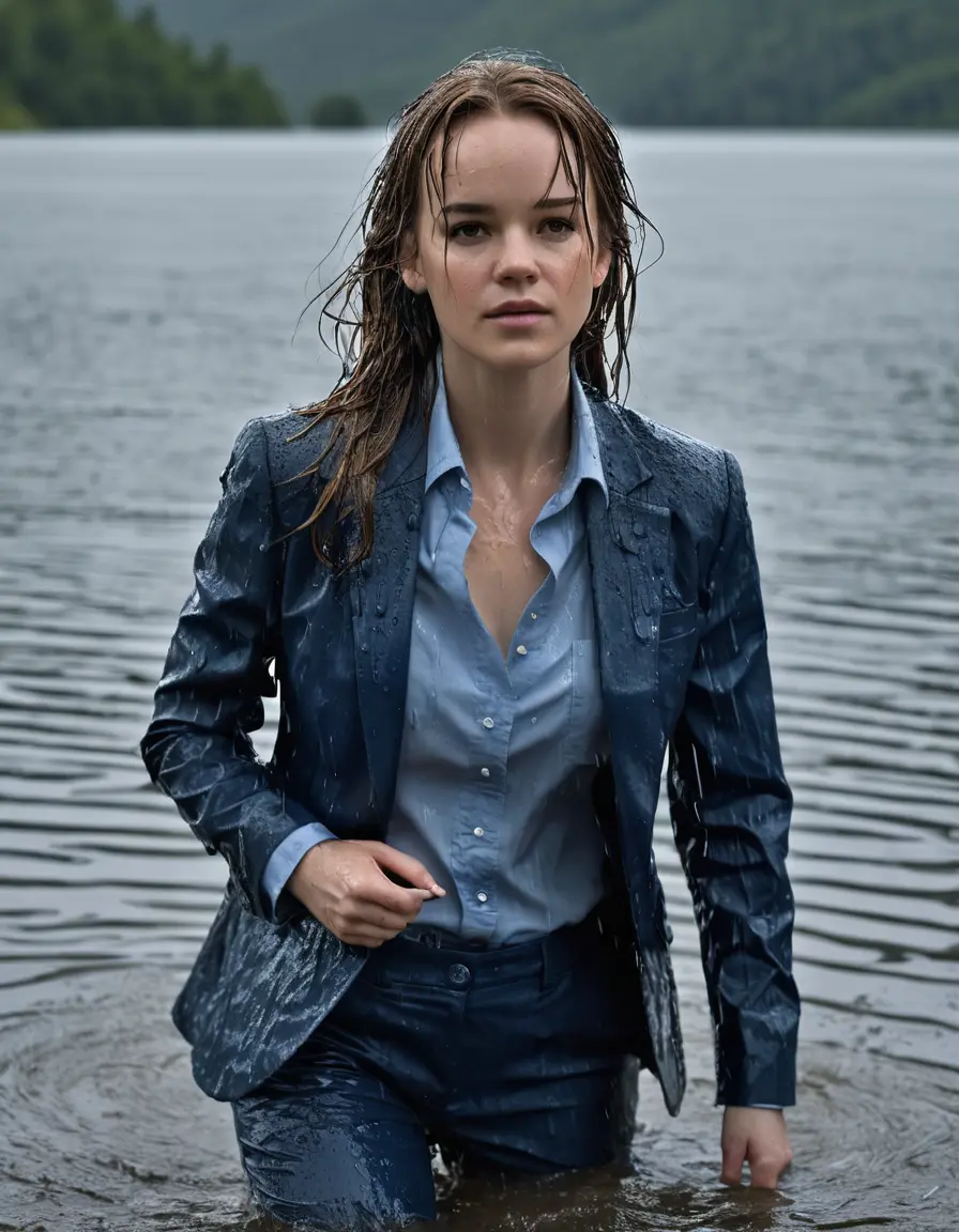 photo of young woman, in soaking wet, drenched clothes,
Dark Blue Business Trouser, Dark Blue Business Suit Jacket with light Blue button down long sleeve business Shirt, Clear deep Mountain Lake, heavy rain, 
enjoying, wet clothes stuck to body,
detailed textures of the wet clothes, wet face, wet plastered hair,
wet, drenched, professional, high-quality details, full body view.
sharp focus, ultra-high pixel detail, realistic, high-quality, full colors, incredibly detailed, 4k, 8k, 16k, hyper-realistic, RAW photo, masterpiece, ultra-detailed, professionally color graded, professional photograph, Danielle Panabaker, completely soaked, fully drenched, completely wet, wetlook, heavy rain, side parting, open hair, long hair, rain storm