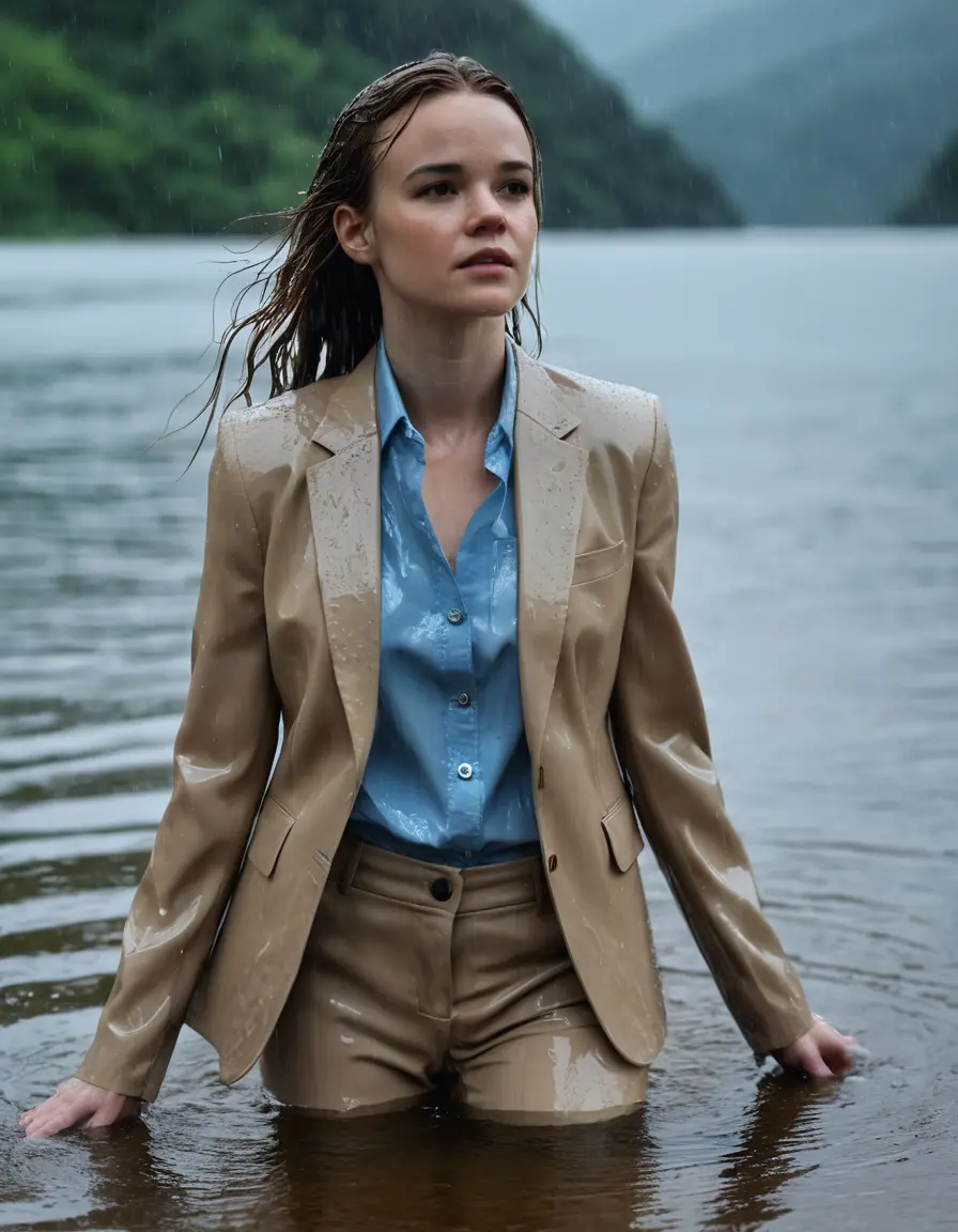 photo of young woman, in soaking wet, drenched clothes,
Beige Business Trouser, Beige Business Suit Jacket with light Blue button down long sleeve business Shirt, Clear deep Mountain Lake, heavy rain, 
enjoying, wet clothes stuck to body,
detailed textures of the wet clothes, wet face, wet plastered hair,
wet, drenched, professional, high-quality details, full body view.
sharp focus, ultra-high pixel detail, realistic, high-quality, full colors, incredibly detailed, 4k, 8k, 16k, hyper-realistic, RAW photo, masterpiece, ultra-detailed, professionally color graded, professional photograph, Danielle Panabaker, completely soaked, fully drenched, completely wet, wetlook, heavy rain, side parting, open hair, long hair, rain storm