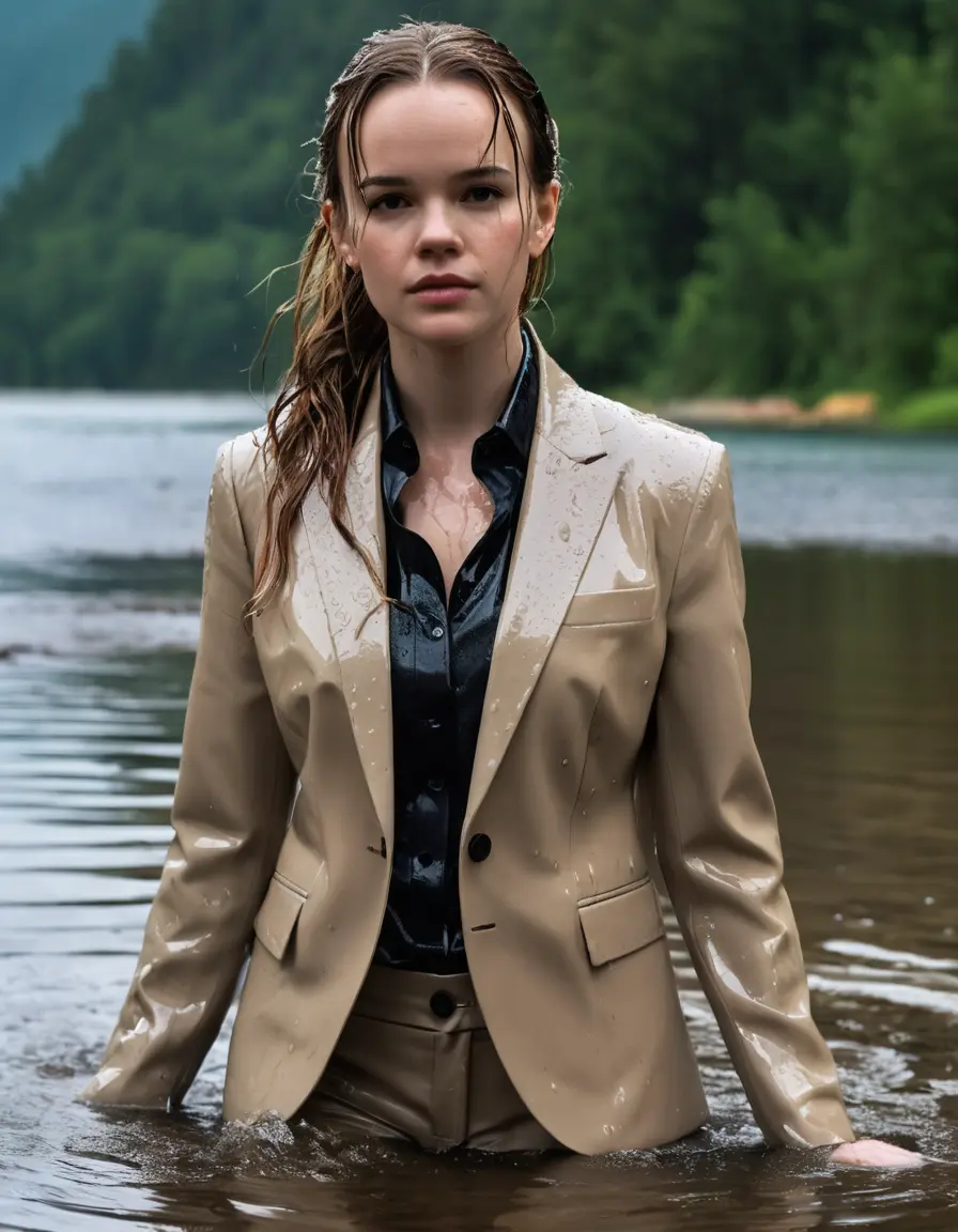 photo of young woman, in soaking wet, drenched clothes,
Beige Business Trouser, Beige Business Suit Jacket with Black button down long sleeve business Shirt, Clear deep Mountain Lake, heavy rain, 
enjoying, wet clothes stuck to body,
detailed textures of the wet clothes, wet face, wet plastered hair,
wet, drenched, professional, high-quality details, full body view.
sharp focus, ultra-high pixel detail, realistic, high-quality, full colors, incredibly detailed, 4k, 8k, 16k, hyper-realistic, RAW photo, masterpiece, ultra-detailed, professionally color graded, professional photograph, Danielle Panabaker, completely soaked, fully drenched, completely wet, wetlook, heavy rain, side parting, open hair, long hair, rain storm