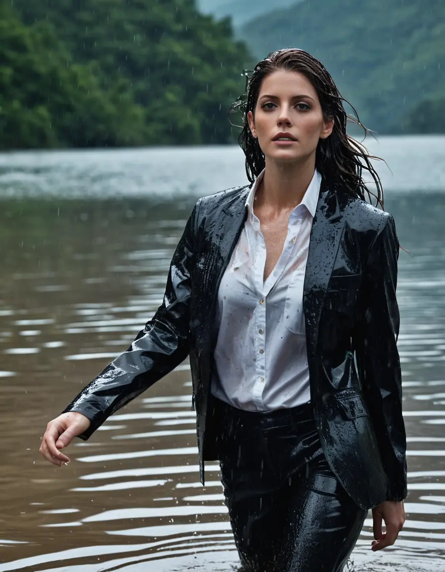 photo of young woman, in soaking wet, drenched clothes,
Black Business Trouser, Black Business Suit Jacket with white button down long sleeve business Shirt, Clear deep Mountain Lake, heavy rain, 
enjoying, wet clothes stuck to body,
detailed textures of the wet clothes, wet face, wet plastered hair,
wet, drenched, professional, high-quality details, full body view.
sharp focus, ultra-high pixel detail, realistic, high-quality, full colors, incredibly detailed, 4k, 8k, 16k, hyper-realistic, RAW photo, masterpiece, ultra-detailed, professionally color graded, professional photograph, Ashley Greene, completely soaked, fully drenched, completely wet, wetlook, heavy rain, side parting, open hair, long hair, rain storm