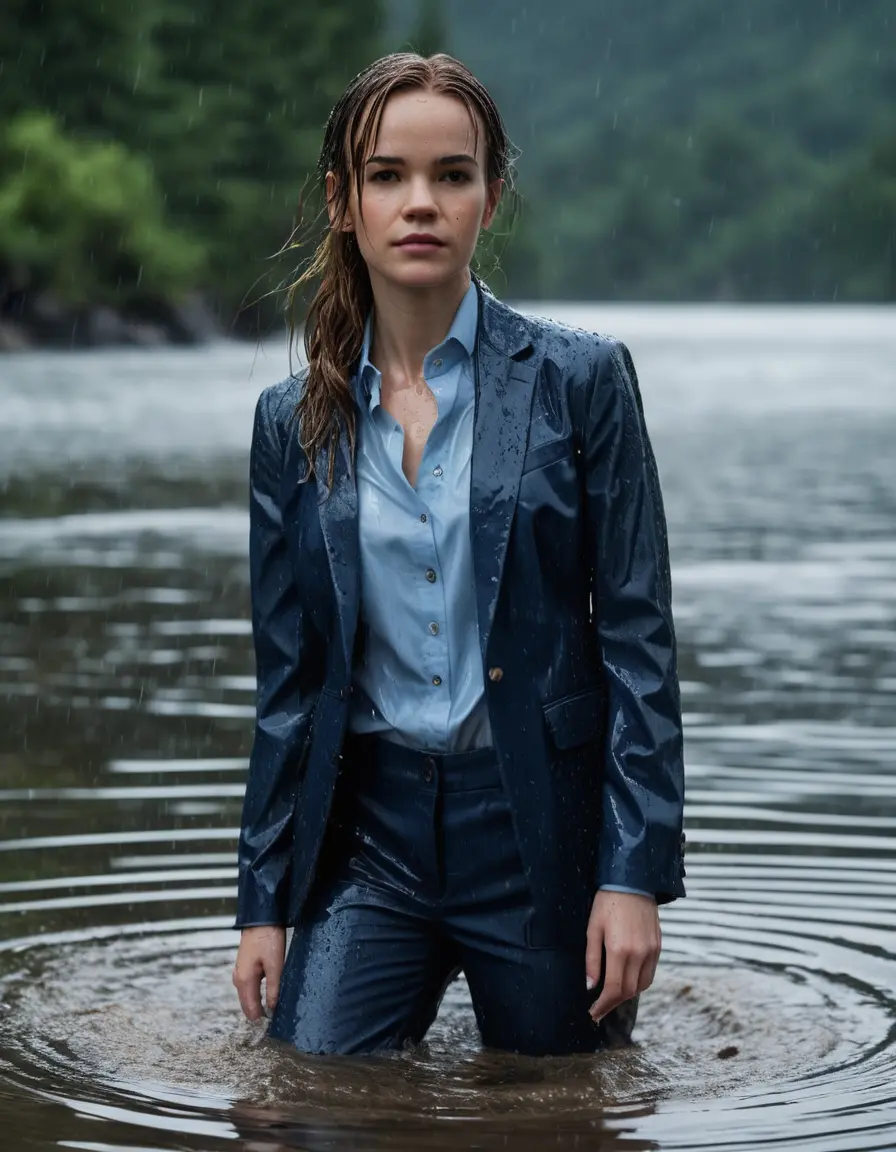 photo of young woman, in soaking wet, drenched clothes,
Dark Blue Business Trouser, Dark Blue Business Suit Jacket with light Blue button down long sleeve business Shirt, Clear deep Mountain Lake, heavy rain, 
enjoying, wet clothes stuck to body,
detailed textures of the wet clothes, wet face, wet plastered hair,
wet, drenched, professional, high-quality details, full body view.
sharp focus, ultra-high pixel detail, realistic, high-quality, full colors, incredibly detailed, 4k, 8k, 16k, hyper-realistic, RAW photo, masterpiece, ultra-detailed, professionally color graded, professional photograph, Danielle Panabaker, completely soaked, fully drenched, completely wet, wetlook, heavy rain, side parting, open hair, long hair, rain storm