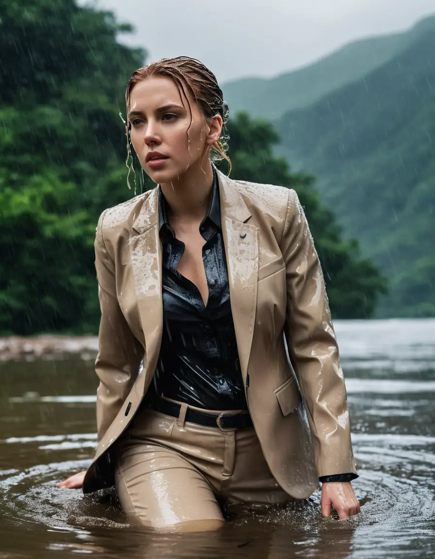 photo of young woman, in soaking wet, drenched clothes,
Beige Business Trouser, Beige Business Suit Jacket with Black button down long sleeve business Shirt, Clear deep Mountain Lake, heavy rain, 
enjoying, wet clothes stuck to body,
detailed textures of the wet clothes, wet face, wet plastered hair,
wet, drenched, professional, high-quality details, full body view.
sharp focus, ultra-high pixel detail, realistic, high-quality, full colors, incredibly detailed, 4k, 8k, 16k, hyper-realistic, RAW photo, masterpiece, ultra-detailed, professionally color graded, professional photograph, Scarlett Johansson, completely soaked, fully drenched, completely wet, wetlook, heavy rain, side parting, open hair, rain storm, heavy rain
