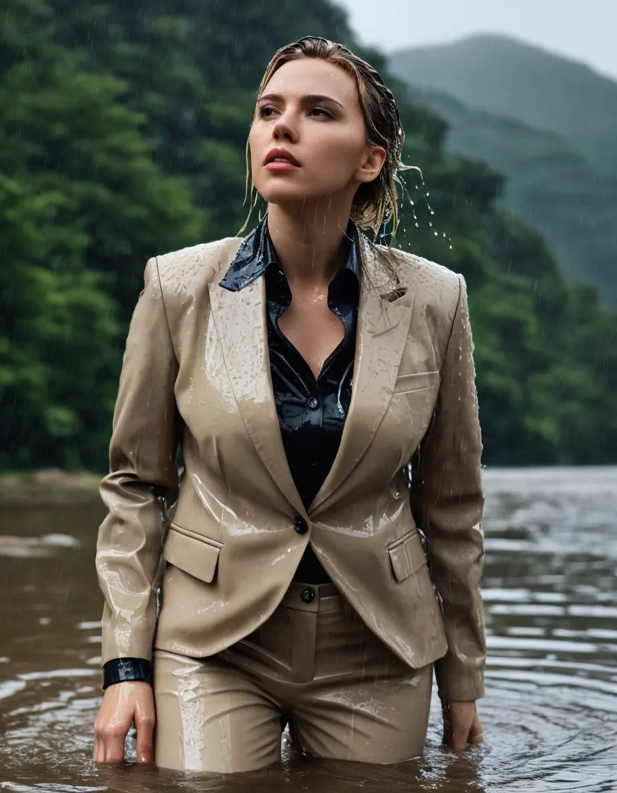 photo of young woman, in soaking wet, drenched clothes,
Beige Business Trouser, Beige Business Suit Jacket with Black button down long sleeve business Shirt, Clear deep Mountain Lake, heavy rain, 
enjoying, wet clothes stuck to body,
detailed textures of the wet clothes, wet face, wet plastered hair,
wet, drenched, professional, high-quality details, full body view.
sharp focus, ultra-high pixel detail, realistic, high-quality, full colors, incredibly detailed, 4k, 8k, 16k, hyper-realistic, RAW photo, masterpiece, ultra-detailed, professionally color graded, professional photograph, Scarlett Johansson, completely soaked, fully drenched, completely wet, wetlook, heavy rain, side parting, open hair, long hair, rain storm