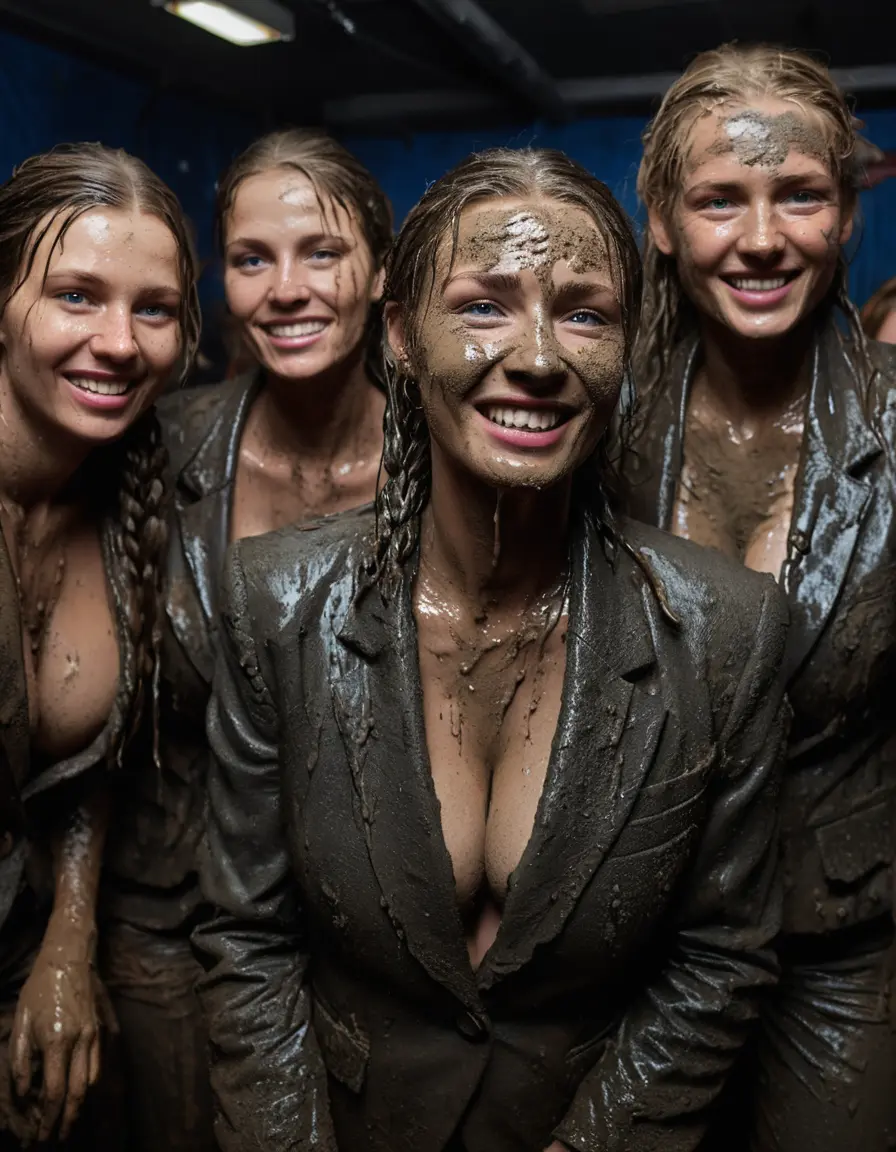 photo of young woman, in soaking wet, drenched clothes,
, , Completely ruined and discoloured black muddy fully-opened unbuttoned blazer like a fancy uniform over topless with super large heavy muddy boobs, Muddy party in a dark muddy club. Mud splashed walls with mud-flooded floor. Dark mood lighting with pink and blue neon lights., 
enjoying, wet clothes stuck to body,
detailed textures of the wet clothes, wet face, wet plastered hair,
wet, drenched, professional, high-quality details, full body view.
sharp focus, ultra-high pixel detail, realistic, high-quality, full colors, incredibly detailed, 4k, 8k, 16k, hyper-realistic, RAW photo, masterpiece, ultra-detailed, professionally color graded, professional photograph, Three elegant sixty years old skinny cute beautiful stunning blonde lesbian seductive tall business mature women standing under the heavy mud gunge tank. They are proudly wearing their ruined open blazers and flaunting their huge muddy boobs and large muddy cleavages. They are having a muddy shower and playing like crazy mud creatures during the indoor muddy disco and they are wearing their ruined blazers while touching each others boobs. Their expensive formal clothes are filled with mud and their boobs are totally mud-covered. Total muddy appearance and full mud coverage. The classy elegant club is totally destroyed by mud, deep liquid mud on the floor, mud spots everywhere, mud flows down on the walls and mud on the furnitures with elegant clubbing muddy people in the background. Stylish braided very long hairstyle, muddy braided hair, smiling mudy faces, realistic blue eyes. The women enjoying carefree to be muddy, be dirty and be naughty while they are enjoying the muddy fetish party. Realistic boobs, realistic huge saggy boobs and nipples and photorealistic detailed happy and satisfied facial expressions. Intimate close-up picture about the old women from above. Close-up photo, highly realistic representation, ultra sharp focus, highly photorealistic detailed textures, highly photorealistic detailed facial features and expressions, highly photorealistic hands, highly emotional reactions, highly best quality, highly sharp photorealistic image, highly photorealistic details, full UHD resolution, 32 K, very high level of detail and image sharpness, zoomed in