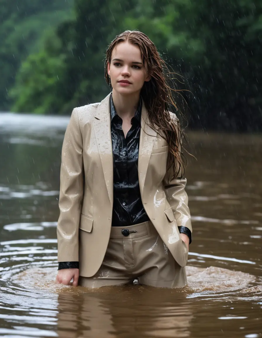 photo of young woman, in soaking wet, drenched clothes,
Beige Business Trouser, Beige Business Suit Jacket with Black button down long sleeve business Shirt, Clear deep Mountain Lake, heavy rain, 
enjoying, wet clothes stuck to body,
detailed textures of the wet clothes, wet face, wet plastered hair,
wet, drenched, professional, high-quality details, full body view.
sharp focus, ultra-high pixel detail, realistic, high-quality, full colors, incredibly detailed, 4k, 8k, 16k, hyper-realistic, RAW photo, masterpiece, ultra-detailed, professionally color graded, professional photograph, Danielle Panabaker, completely soaked, fully drenched, completely wet, wetlook, heavy rain, side parting, open hair, long hair, rain storm
