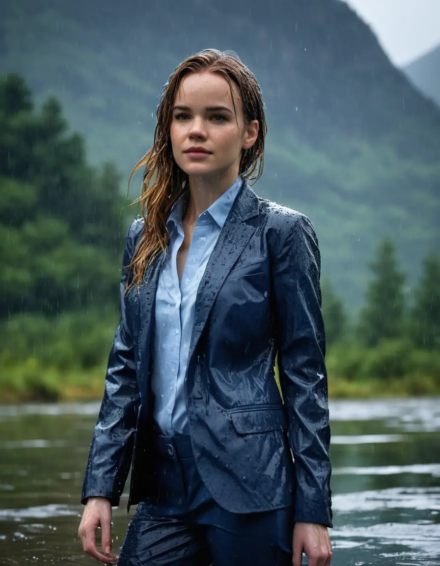 photo of young woman, in soaking wet, drenched clothes,
Dark Blue Business Trouser, Dark Blue Business Suit Jacket with light Blue button down long sleeve business Shirt, Clear deep Mountain Lake, heavy rain, 
enjoying, wet clothes stuck to body,
detailed textures of the wet clothes, wet face, wet plastered hair,
wet, drenched, professional, high-quality details, full body view.
sharp focus, ultra-high pixel detail, realistic, high-quality, full colors, incredibly detailed, 4k, 8k, 16k, hyper-realistic, RAW photo, masterpiece, ultra-detailed, professionally color graded, professional photograph, Danielle Panabaker, completely soaked, fully drenched, completely wet, wetlook, heavy rain, side parting, open hair, long hair, rain storm