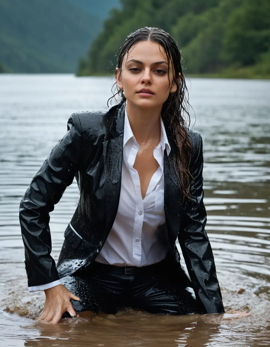 photo of young woman, in soaking wet, drenched clothes,
Black Business Trouser, Black Business Suit Jacket with white button down long sleeve business Shirt, Clear deep Mountain Lake, heavy rain, 
enjoying, wet clothes stuck to body,
detailed textures of the wet clothes, wet face, wet plastered hair,
wet, drenched, professional, high-quality details, full body view.
sharp focus, ultra-high pixel detail, realistic, high-quality, full colors, incredibly detailed, 4k, 8k, 16k, hyper-realistic, RAW photo, masterpiece, ultra-detailed, professionally color graded, professional photograph, Mila Kunis, completely soaked, fully drenched, completely wet, wetlook, heavy rain, side parting, open hair, long hair, rain storm