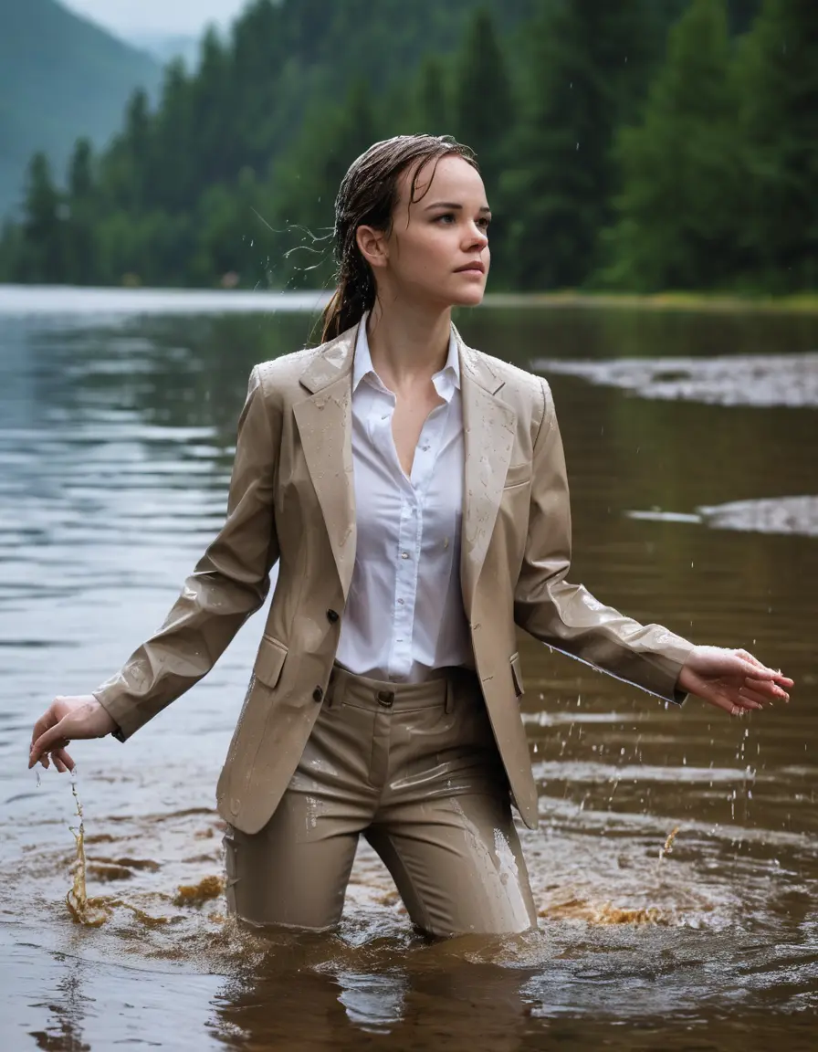 photo of young woman, in soaking wet, drenched clothes,
Beige Business Trouser, Beige Business Suit Jacket with white button down long sleeve business Shirt, Clear deep Mountain Lake, heavy rain, 
enjoying, wet clothes stuck to body,
detailed textures of the wet clothes, wet face, wet plastered hair,
wet, drenched, professional, high-quality details, full body view.
sharp focus, ultra-high pixel detail, realistic, high-quality, full colors, incredibly detailed, 4k, 8k, 16k, hyper-realistic, RAW photo, masterpiece, ultra-detailed, professionally color graded, professional photograph, Danielle Panabaker, completely soaked, fully drenched, completely wet, wetlook, heavy rain, side parting, open hair, long hair, rain storm