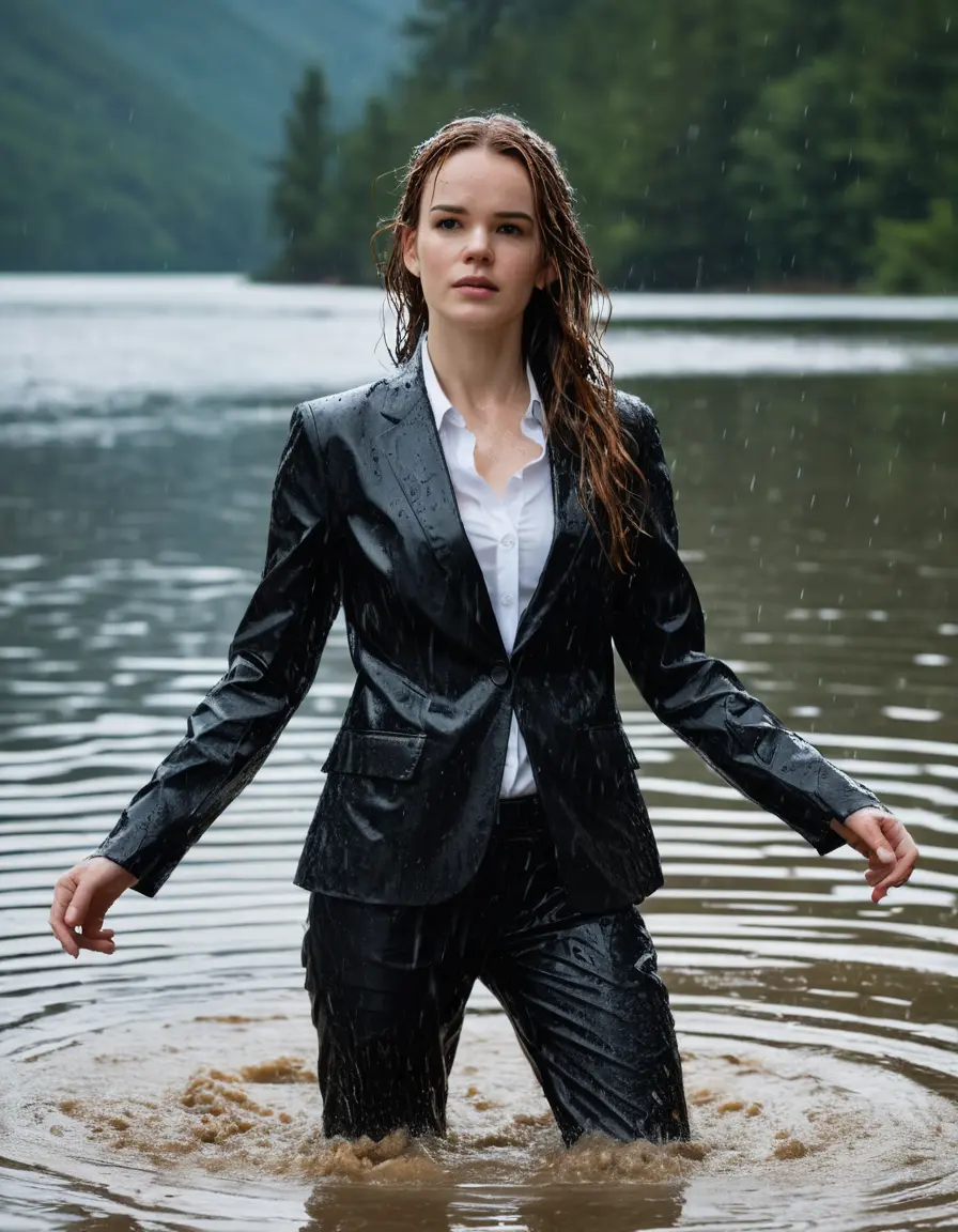 photo of young woman, in soaking wet, drenched clothes,
Black Business Trouser, Black Business Suit Jacket with white button down long sleeve business Shirt, Clear deep Mountain Lake, heavy rain, 
enjoying, wet clothes stuck to body,
detailed textures of the wet clothes, wet face, wet plastered hair,
wet, drenched, professional, high-quality details, full body view.
sharp focus, ultra-high pixel detail, realistic, high-quality, full colors, incredibly detailed, 4k, 8k, 16k, hyper-realistic, RAW photo, masterpiece, ultra-detailed, professionally color graded, professional photograph, Danielle Panabaker, completely soaked, fully drenched, completely wet, wetlook, heavy rain, side parting, open hair, long hair, rain storm