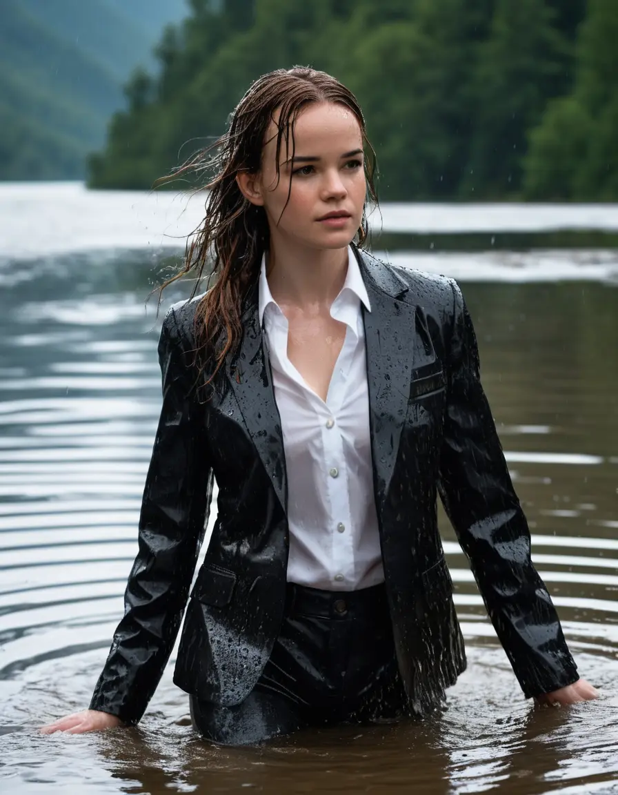 photo of young woman, in soaking wet, drenched clothes,
Black Business Trouser, Black Business Suit Jacket with white button down long sleeve business Shirt, Clear deep Mountain Lake, heavy rain, 
enjoying, wet clothes stuck to body,
detailed textures of the wet clothes, wet face, wet plastered hair,
wet, drenched, professional, high-quality details, full body view.
sharp focus, ultra-high pixel detail, realistic, high-quality, full colors, incredibly detailed, 4k, 8k, 16k, hyper-realistic, RAW photo, masterpiece, ultra-detailed, professionally color graded, professional photograph, Danielle Panabaker, completely soaked, fully drenched, completely wet, wetlook, heavy rain, side parting, open hair, long hair, rain storm