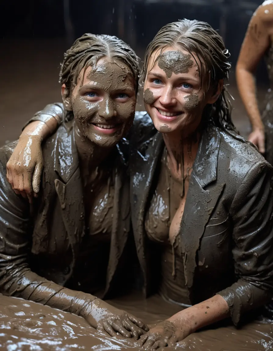 photo of young woman, in soaking wet, drenched clothes,
, , Completely ruined and discoloured black muddy fully-opened unbuttoned blazer like a fancy uniform over topless with super large heavy muddy boobs, Muddy party in a dark muddy club. Mud splashed walls with mud-flooded floor. Dark mood lighting with pink and blue neon lights., 
enjoying, wet clothes stuck to body,
detailed textures of the wet clothes, wet face, wet plastered hair,
wet, drenched, professional, high-quality details, full body view.
sharp focus, ultra-high pixel detail, realistic, high-quality, full colors, incredibly detailed, 4k, 8k, 16k, hyper-realistic, RAW photo, masterpiece, ultra-detailed, professionally color graded, professional photograph, Three elegant sixty years old skinny cute beautiful stunning blonde lesbian seductive tall business mature women sitting deep and kissing in the deep muddy hot tub which filled with liquid mud. They are proudly wearing their ruined open blazers and flaunting their huge muddy boobs and large muddy cleavages. They are leaned back pleasantly close to each other after a full dip in a mud-filled very deep hot tub like crazy mud creatures during the indoor muddy disco and they are wearing their ruined blazers while touching each others boobs. Only the shoulders are above the mud level, and their boobs, their waist and legs are fully submerged under the mud. Their legs don't visible on the pictire. Their expensive formal clothes are filled with mud and their boobs are totally mud-covered. Total muddy appearance and full mud coverage. The classy elegant club is totally destroyed by mud, deep liquid mud on the floor, mud spots everywhere, mud flows down on the walls and mud on the furnitures with elegant clubbing muddy people in the background. Stylish braided very long hairstyle, muddy braided hair, smiling mudy faces, realistic blue eyes. The women enjoying carefree to be muddy, be dirty and be naughty while they are enjoying the muddy fetish party. Realistic boobs, realistic huge saggy boobs and nipples and photorealistic detailed happy and satisfied facial expressions. Intimate close-up picture about the old women from above. Close-up photo, highly realistic representation, ultra sharp focus, highly photorealistic detailed textures, highly photorealistic detailed facial features and expressions, highly photorealistic hands, highly emotional reactions, highly best quality, highly sharp photorealistic image, highly photorealistic details, full UHD resolution, 32 K, very high level of detail and image sharpness, zoomed in