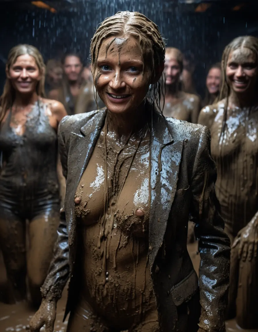 photo of young woman, in soaking wet, drenched clothes,
, , Completely ruined and discoloured black muddy fully-opened unbuttoned blazer like a fancy uniform over topless with super large heavy muddy boobs, Muddy party in a dark muddy club. Mud splashed walls with mud-flooded floor. Dark mood lighting with pink and blue neon lights., 
enjoying, wet clothes stuck to body,
detailed textures of the wet clothes, wet face, wet plastered hair,
wet, drenched, professional, high-quality details, full body view.
sharp focus, ultra-high pixel detail, realistic, high-quality, full colors, incredibly detailed, 4k, 8k, 16k, hyper-realistic, RAW photo, masterpiece, ultra-detailed, professionally color graded, professional photograph, Three elegant sixty years old skinny cute beautiful stunning blonde lesbian seductive tall business mature women standing under the heavy mud stream. The hot creamy liquid mud flowing down from above. They are proudly wearing their ruined open blazers and flaunting their huge muddy boobs and large muddy cleavages. They are having a muddy shower and playing like crazy mud creatures during the indoor muddy disco and they are wearing their ruined blazers while touching each others boobs. Their expensive formal clothes are filled with mud and their boobs are totally mud-covered. Total muddy appearance and full mud coverage. The classy elegant club is totally destroyed by mud, deep liquid mud on the floor, mud spots everywhere, mud flows down on the walls and mud on the furnitures with elegant clubbing muddy people in the background. Stylish braided very long hairstyle, muddy braided hair, smiling mudy faces, realistic blue eyes. The women enjoying carefree to be muddy, be dirty and be naughty while they are enjoying the muddy fetish party. Realistic boobs, realistic huge saggy boobs and nipples and photorealistic detailed happy and satisfied facial expressions. Intimate close-up picture about the old women from above. Close-up photo, highly realistic representation, ultra sharp focus, highly photorealistic detailed textures, highly photorealistic detailed facial features and expressions, highly photorealistic hands, highly emotional reactions, highly best quality, highly sharp photorealistic image, highly photorealistic details, full UHD resolution, 32 K, very high level of detail and image sharpness, zoomed in