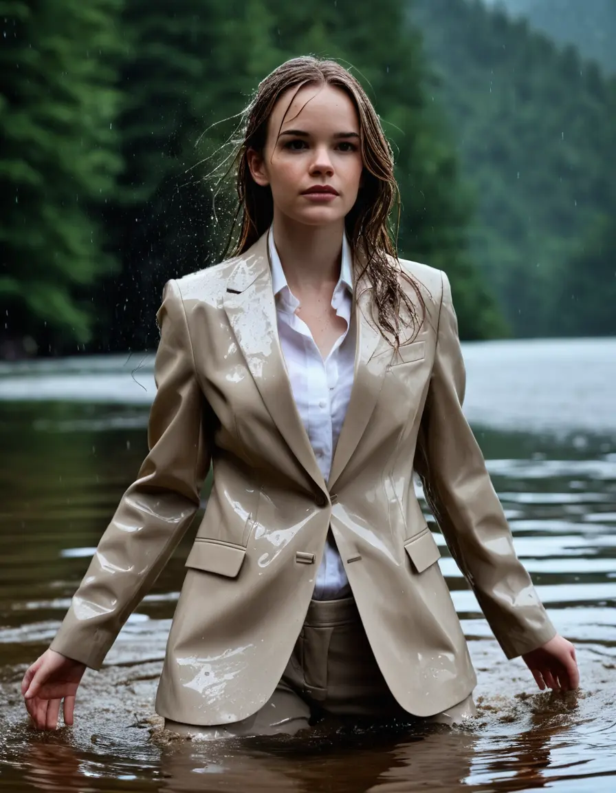 photo of young woman, in soaking wet, drenched clothes,
Beige Business Trouser, Beige Business Suit Jacket with white button down long sleeve business Shirt, Clear deep Mountain Lake, heavy rain, 
enjoying, wet clothes stuck to body,
detailed textures of the wet clothes, wet face, wet plastered hair,
wet, drenched, professional, high-quality details, full body view.
sharp focus, ultra-high pixel detail, realistic, high-quality, full colors, incredibly detailed, 4k, 8k, 16k, hyper-realistic, RAW photo, masterpiece, ultra-detailed, professionally color graded, professional photograph, Danielle Panabaker, completely soaked, fully drenched, completely wet, wetlook, heavy rain, side parting, open hair, long hair, rain storm
