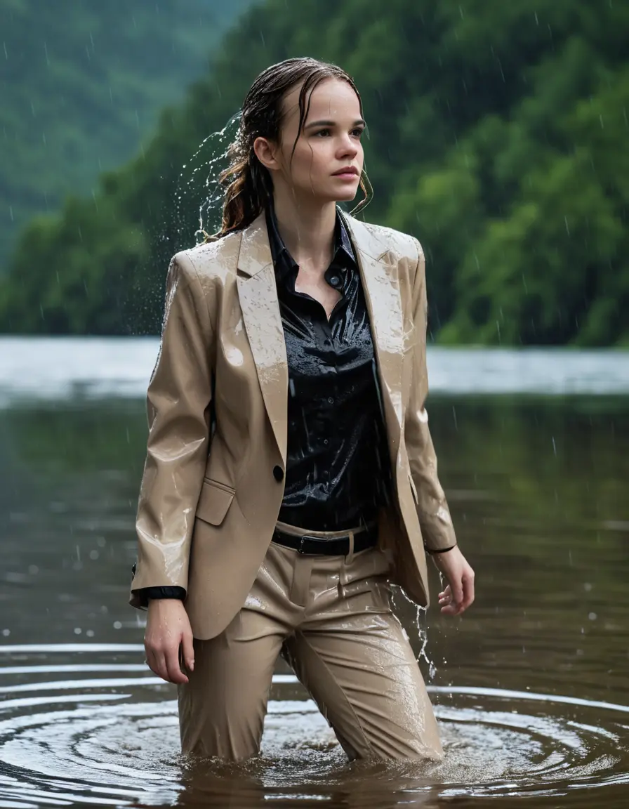 photo of young woman, in soaking wet, drenched clothes,
Beige Business Trouser, Beige Business Suit Jacket with Black button down long sleeve business Shirt, Clear deep Mountain Lake, heavy rain, 
enjoying, wet clothes stuck to body,
detailed textures of the wet clothes, wet face, wet plastered hair,
wet, drenched, professional, high-quality details, full body view.
sharp focus, ultra-high pixel detail, realistic, high-quality, full colors, incredibly detailed, 4k, 8k, 16k, hyper-realistic, RAW photo, masterpiece, ultra-detailed, professionally color graded, professional photograph, Danielle Panabaker, completely soaked, fully drenched, completely wet, wetlook, heavy rain, side parting, open hair, long hair, rain storm