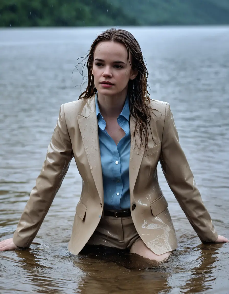 photo of young woman, in soaking wet, drenched clothes,
Beige Business Trouser, Beige Business Suit Jacket with light Blue button down long sleeve business Shirt, Clear deep Mountain Lake, heavy rain, 
enjoying, wet clothes stuck to body,
detailed textures of the wet clothes, wet face, wet plastered hair,
wet, drenched, professional, high-quality details, full body view.
sharp focus, ultra-high pixel detail, realistic, high-quality, full colors, incredibly detailed, 4k, 8k, 16k, hyper-realistic, RAW photo, masterpiece, ultra-detailed, professionally color graded, professional photograph, Danielle Panabaker, completely soaked, fully drenched, completely wet, wetlook, heavy rain, side parting, open hair, long hair, rain storm