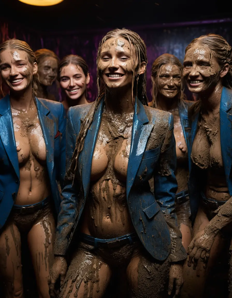 photo of young woman, in soaking wet, drenched clothes,
Black very high heels, Total muddy black suit pants, Completely ruined and discoloured black muddy fully-opened unbuttoned blazer like a fancy uniform over topless with super large heavy muddy boobs, Muddy party in a dark muddy club. Mud splashed walls with mud-flooded floor. Dark mood lighting with pink and blue neon lights., 
enjoying, wet clothes stuck to body,
detailed textures of the wet clothes, wet face, wet plastered hair,
wet, drenched, professional, high-quality details, full body view.
sharp focus, ultra-high pixel detail, realistic, high-quality, full colors, incredibly detailed, 4k, 8k, 16k, hyper-realistic, RAW photo, masterpiece, ultra-detailed, professionally color graded, professional photograph, Three elegant sixty years old skinny cute beautiful stunning blonde lesbian seductive tall business mature women standing in the middle of the muddy dancefloor during a lesbian muddy orgy in the muddy disco. They are proudly wearing their ruined open blazers and flaunting their huge muddy boobs and large muddy cleavages. They are playing, splashing and wallowing together like crazy bizarre mud creatures during the indoor muddy disco and they are wearing their ruined blazers while touching each others boobs. Their expensive formal clothes are filled with mud and their boobs are totally mud-covered. Total muddy appearance and full mud coverage. The classy elegant club is totally destroyed by mud, deep liquid mud on the floor, mud spots everywhere, mud flows down on the walls and mud on the furnitures with elegant clubbing muddy people in the background. Stylish braided very long hairstyle, muddy braided hair, smiling mudy faces, realistic blue eyes. The women enjoying carefree to be muddy, be dirty and be naughty while they are enjoying the muddy fetish party. Realistic boobs, realistic huge saggy boobs and nipples and photorealistic detailed happy and satisfied facial expressions. Intimate close-up picture about the old women from above. Close-up photo, highly realistic representation, ultra sharp focus, highly photorealistic detailed textures, highly photorealistic detailed facial features and expressions, highly photorealistic hands, highly emotional reactions, highly best quality, highly sharp photorealistic image, highly photorealistic details, full UHD resolution, 32 K, very high level of detail and image sharpness, zoomed in