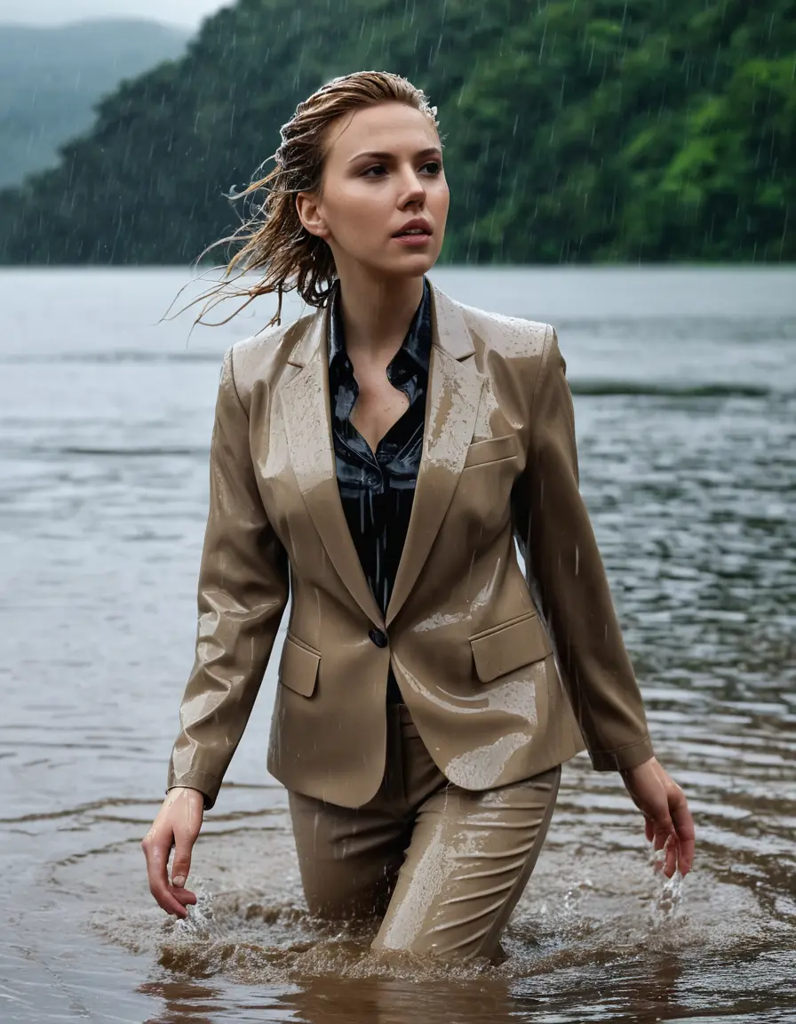 photo of young woman, in soaking wet, drenched clothes,
Beige Business Trouser, Beige Business Suit Jacket with Black button down long sleeve business Shirt, Clear deep Mountain Lake, heavy rain, 
enjoying, wet clothes stuck to body,
detailed textures of the wet clothes, wet face, wet plastered hair,
wet, drenched, professional, high-quality details, full body view.
sharp focus, ultra-high pixel detail, realistic, high-quality, full colors, incredibly detailed, 4k, 8k, 16k, hyper-realistic, RAW photo, masterpiece, ultra-detailed, professionally color graded, professional photograph, Scarlett Johansson, completely soaked, fully drenched, completely wet, wetlook, heavy rain, side parting, open hair, long hair, rain storm