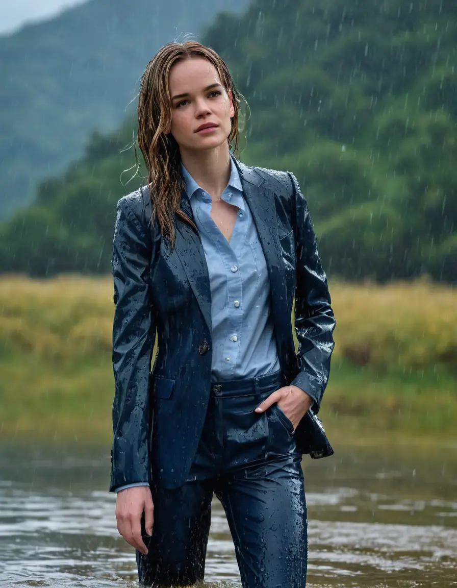 photo of young woman, in soaking wet, drenched clothes,
Dark Blue Business Trouser, Dark Blue Business Suit Jacket with light Blue button down long sleeve business Shirt, Clear deep Mountain Lake, heavy rain, 
enjoying, wet clothes stuck to body,
detailed textures of the wet clothes, wet face, wet plastered hair,
wet, drenched, professional, high-quality details, full body view.
sharp focus, ultra-high pixel detail, realistic, high-quality, full colors, incredibly detailed, 4k, 8k, 16k, hyper-realistic, RAW photo, masterpiece, ultra-detailed, professionally color graded, professional photograph, Danielle Panabaker, completely soaked, fully drenched, completely wet, wetlook, heavy rain, side parting, open hair, long hair, rain storm