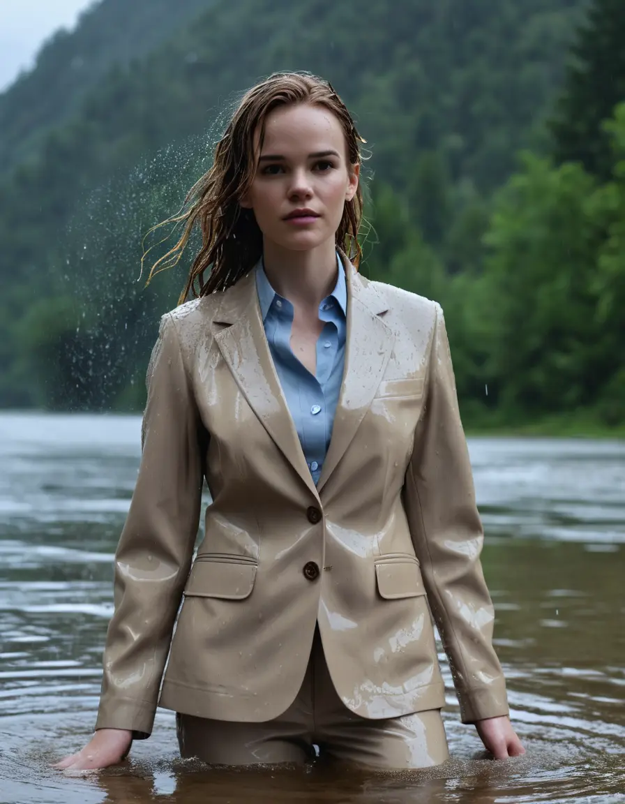 photo of young woman, in soaking wet, drenched clothes,
Beige Business Trouser, Beige Business Suit Jacket with light Blue button down long sleeve business Shirt, Clear deep Mountain Lake, heavy rain, 
enjoying, wet clothes stuck to body,
detailed textures of the wet clothes, wet face, wet plastered hair,
wet, drenched, professional, high-quality details, full body view.
sharp focus, ultra-high pixel detail, realistic, high-quality, full colors, incredibly detailed, 4k, 8k, 16k, hyper-realistic, RAW photo, masterpiece, ultra-detailed, professionally color graded, professional photograph, Danielle Panabaker, completely soaked, fully drenched, completely wet, wetlook, heavy rain, side parting, open hair, long hair, rain storm