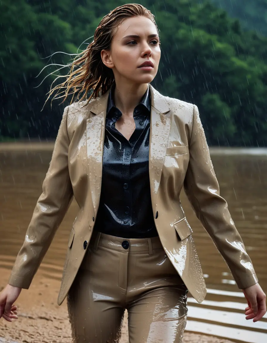 photo of young woman, in soaking wet, drenched clothes,
Beige Business Trouser, Beige Business Suit Jacket with Black button down long sleeve business Shirt, Clear deep Mountain Lake, heavy rain, 
enjoying, wet clothes stuck to body,
detailed textures of the wet clothes, wet face, wet plastered hair,
wet, drenched, professional, high-quality details, full body view.
sharp focus, ultra-high pixel detail, realistic, high-quality, full colors, incredibly detailed, 4k, 8k, 16k, hyper-realistic, RAW photo, masterpiece, ultra-detailed, professionally color graded, professional photograph, Scarlett Johansson, completely soaked, fully drenched, completely wet, wetlook, heavy rain, side parting, open hair, long hair, rain storm