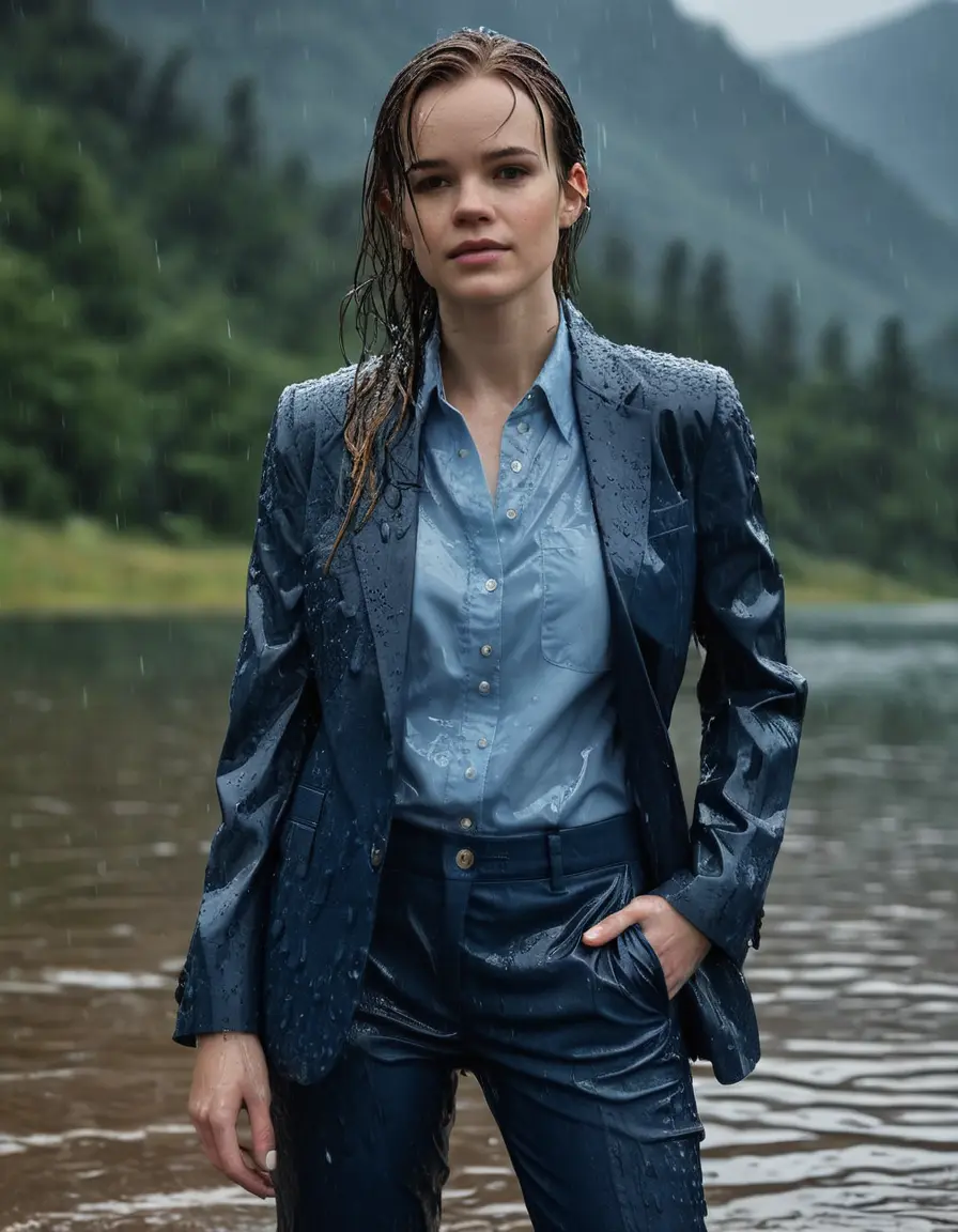 photo of young woman, in soaking wet, drenched clothes,
Dark Blue Business Trouser, Dark Blue Business Suit Jacket with light Blue button down long sleeve business Shirt, Clear deep Mountain Lake, heavy rain, 
enjoying, wet clothes stuck to body,
detailed textures of the wet clothes, wet face, wet plastered hair,
wet, drenched, professional, high-quality details, full body view.
sharp focus, ultra-high pixel detail, realistic, high-quality, full colors, incredibly detailed, 4k, 8k, 16k, hyper-realistic, RAW photo, masterpiece, ultra-detailed, professionally color graded, professional photograph, Danielle Panabaker, completely soaked, fully drenched, completely wet, wetlook, heavy rain, side parting, open hair, long hair, rain storm