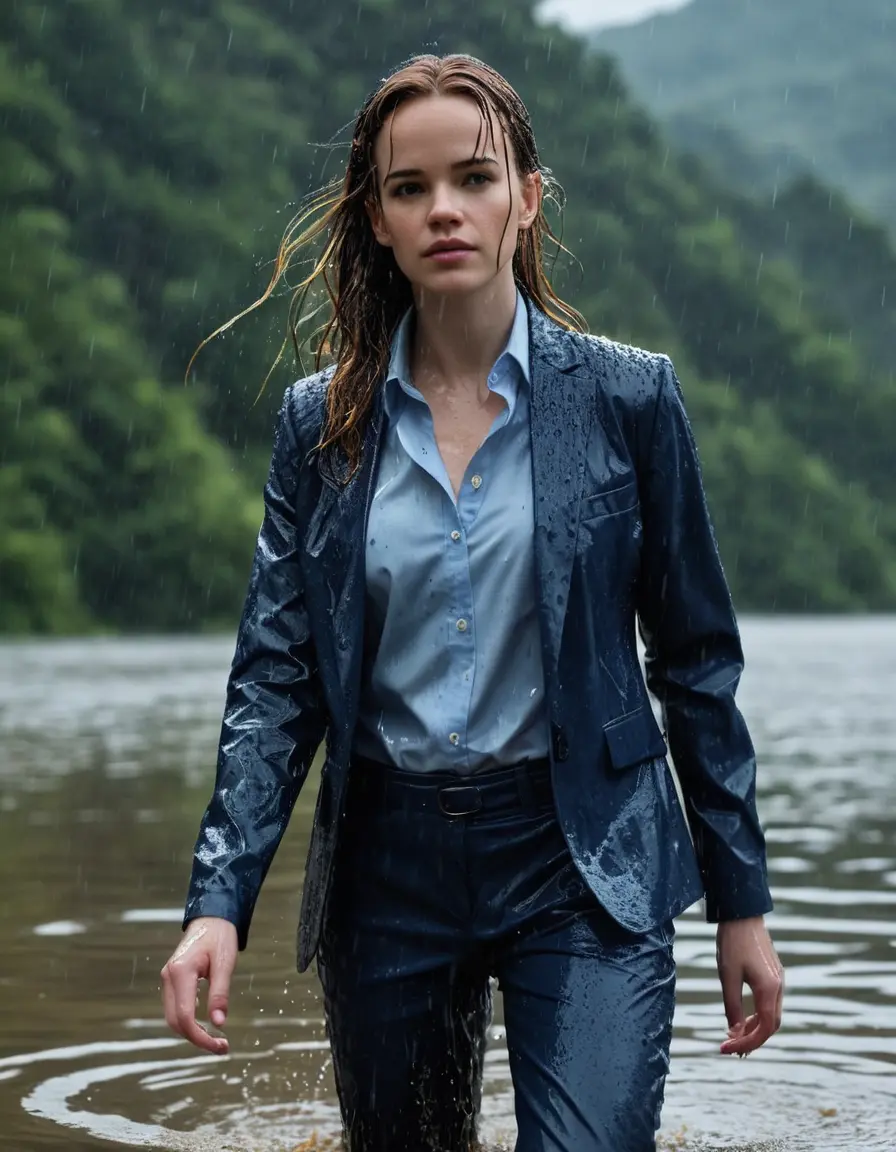 photo of young woman, in soaking wet, drenched clothes,
Dark Blue Business Trouser, Dark Blue Business Suit Jacket with light Blue button down long sleeve business Shirt, Clear deep Mountain Lake, heavy rain, 
enjoying, wet clothes stuck to body,
detailed textures of the wet clothes, wet face, wet plastered hair,
wet, drenched, professional, high-quality details, full body view.
sharp focus, ultra-high pixel detail, realistic, high-quality, full colors, incredibly detailed, 4k, 8k, 16k, hyper-realistic, RAW photo, masterpiece, ultra-detailed, professionally color graded, professional photograph, Danielle Panabaker, completely soaked, fully drenched, completely wet, wetlook, heavy rain, side parting, open hair, long hair, rain storm