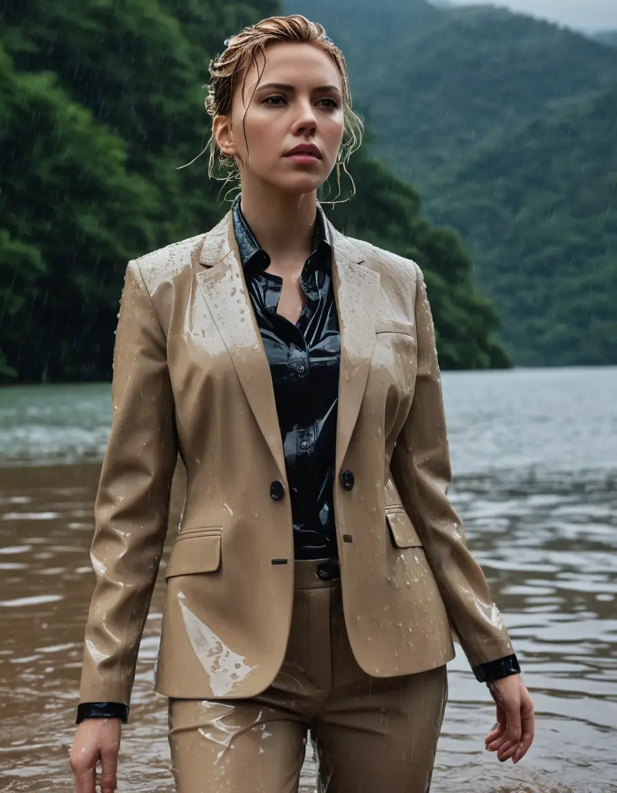 photo of young woman, in soaking wet, drenched clothes,
Beige Business Trouser, Beige Business Suit Jacket with Black button down long sleeve business Shirt, Clear deep Mountain Lake, heavy rain, 
enjoying, wet clothes stuck to body,
detailed textures of the wet clothes, wet face, wet plastered hair,
wet, drenched, professional, high-quality details, full body view.
sharp focus, ultra-high pixel detail, realistic, high-quality, full colors, incredibly detailed, 4k, 8k, 16k, hyper-realistic, RAW photo, masterpiece, ultra-detailed, professionally color graded, professional photograph, Scarlett Johansson, completely soaked, fully drenched, completely wet, wetlook, heavy rain, side parting, open hair, long hair, rain storm