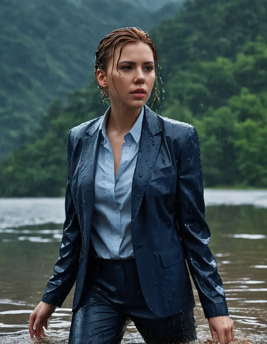 photo of young woman, in soaking wet, drenched clothes,
Dark Blue Business Trouser, Dark Blue Business Suit Jacket with Light Blue button down long sleeve business Shirt, Clear deep Mountain Lake, heavy rain, 
enjoying, wet clothes stuck to body,
detailed textures of the wet clothes, wet face, wet plastered hair,
wet, drenched, professional, high-quality details, full body view.
sharp focus, ultra-high pixel detail, realistic, high-quality, full colors, incredibly detailed, 4k, 8k, 16k, hyper-realistic, RAW photo, masterpiece, ultra-detailed, professionally color graded, professional photograph, Scarlett Johansson, completely soaked, fully drenched, completely wet, wetlook, heavy rain, side parting, open hair, long hair, rain storm