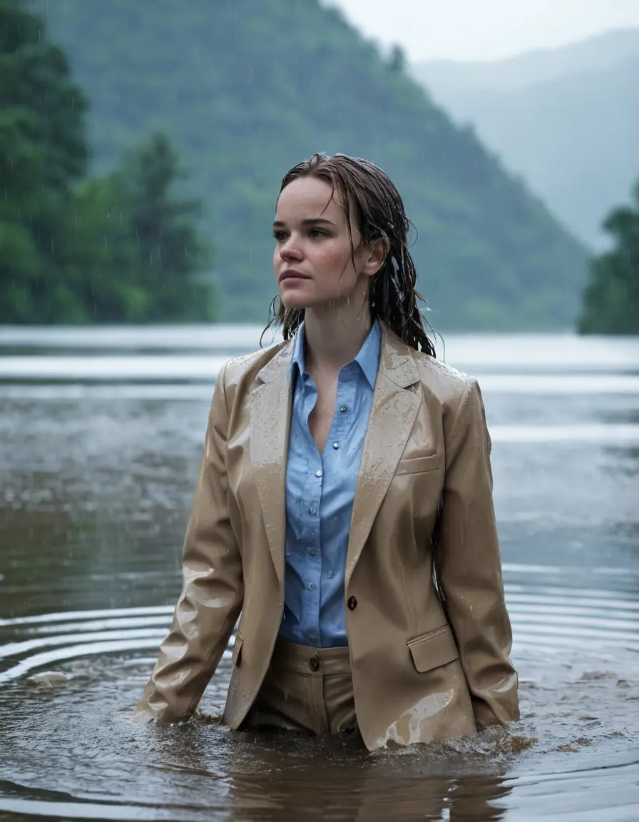 photo of young woman, in soaking wet, drenched clothes,
Beige Business Trouser, Beige Business Suit Jacket with light Blue button down long sleeve business Shirt, Clear deep Mountain Lake, heavy rain, 
enjoying, wet clothes stuck to body,
detailed textures of the wet clothes, wet face, wet plastered hair,
wet, drenched, professional, high-quality details, full body view.
sharp focus, ultra-high pixel detail, realistic, high-quality, full colors, incredibly detailed, 4k, 8k, 16k, hyper-realistic, RAW photo, masterpiece, ultra-detailed, professionally color graded, professional photograph, Danielle Panabaker, completely soaked, fully drenched, completely wet, wetlook, heavy rain, side parting, open hair, long hair, rain storm