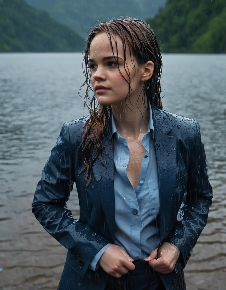 photo of young woman, in soaking wet, drenched clothes,
Dark Blue Business Trouser, Dark Blue Business Suit Jacket with light Blue button down long sleeve business Shirt, Clear deep Mountain Lake, heavy rain, 
enjoying, wet clothes stuck to body,
detailed textures of the wet clothes, wet face, wet plastered hair,
wet, drenched, professional, high-quality details, full body view.
sharp focus, ultra-high pixel detail, realistic, high-quality, full colors, incredibly detailed, 4k, 8k, 16k, hyper-realistic, RAW photo, masterpiece, ultra-detailed, professionally color graded, professional photograph, Danielle Panabaker, completely soaked, fully drenched, completely wet, wetlook, heavy rain, side parting, open hair, long hair, rain storm