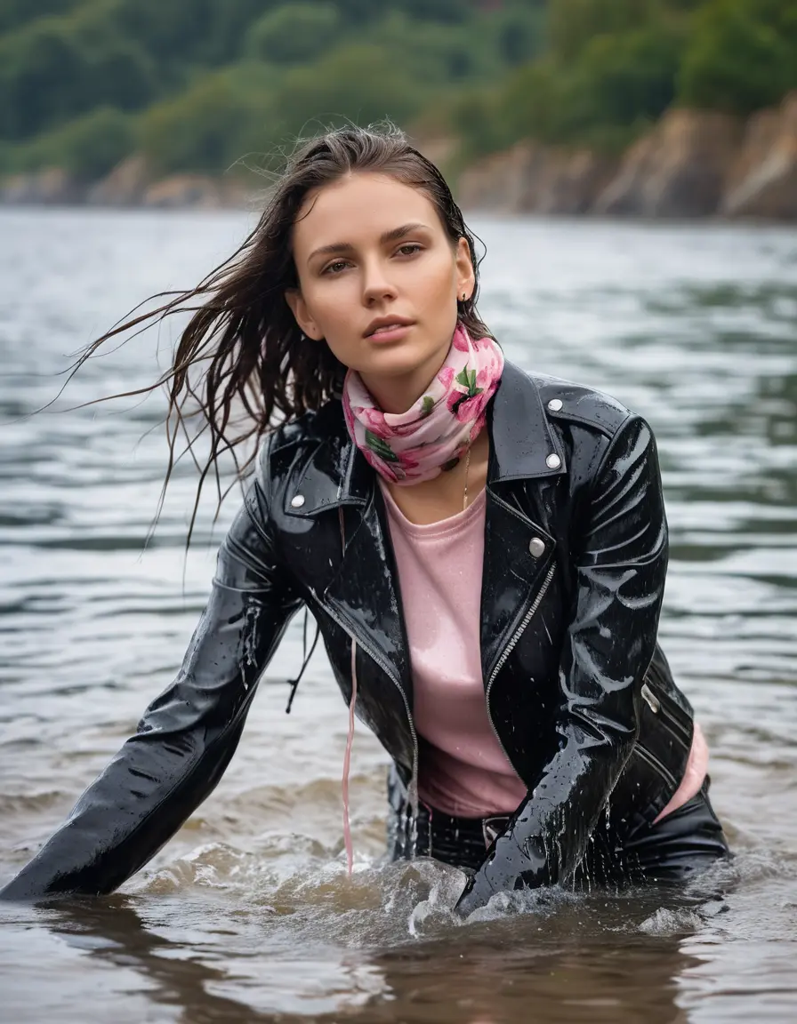 photo of young woman, in soaking wet, drenched clothes,
, dripping wet long shiny black leather jeans, slim fit black biker leatherjacket, tight light pink knit turtleneck sweater, handbag, pearl necklace, floral silk scarf, Swimming in sea, 
enjoying, wet clothes stuck to body,
detailed textures of the wet clothes, wet face, wet plastered hair,
wet, drenched, professional, high-quality details, full body view.
sharp focus, ultra-high pixel detail, realistic, high-quality, full colors, incredibly detailed, 4k, 8k, 16k, hyper-realistic, RAW photo, masterpiece, ultra-detailed, professionally color graded, professional photograph