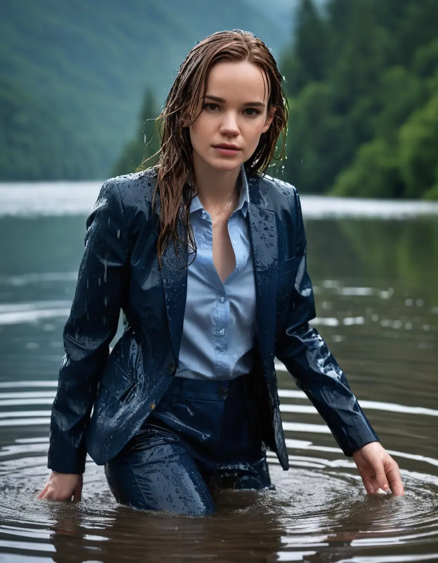 photo of young woman, in soaking wet, drenched clothes,
Dark Blue Business Trouser, Dark Blue Business Suit Jacket with light Blue button down long sleeve business Shirt, Clear deep Mountain Lake, heavy rain, 
enjoying, wet clothes stuck to body,
detailed textures of the wet clothes, wet face, wet plastered hair,
wet, drenched, professional, high-quality details, full body view.
sharp focus, ultra-high pixel detail, realistic, high-quality, full colors, incredibly detailed, 4k, 8k, 16k, hyper-realistic, RAW photo, masterpiece, ultra-detailed, professionally color graded, professional photograph, Danielle Panabaker, completely soaked, fully drenched, completely wet, wetlook, heavy rain, side parting, open hair, long hair, rain storm