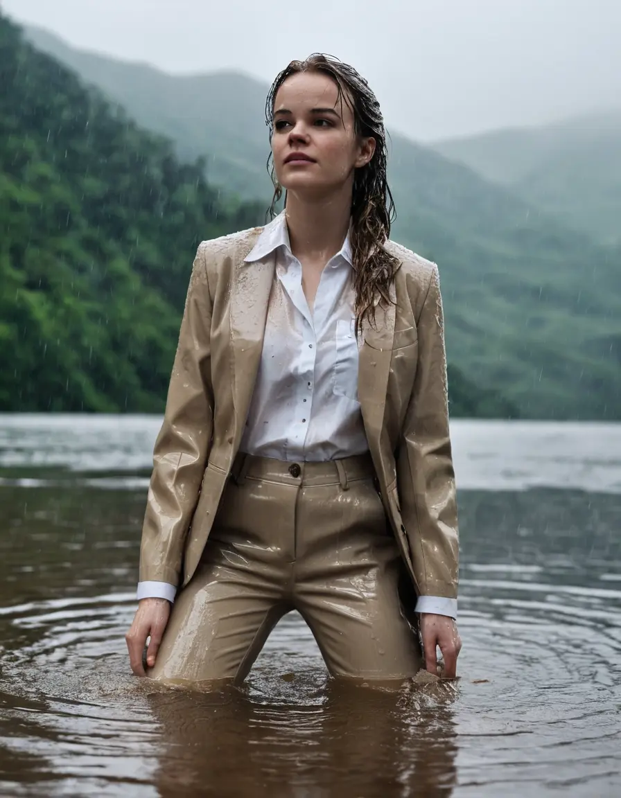 photo of young woman, in soaking wet, drenched clothes,
Beige Business Trouser, Beige Business Suit Jacket with white button down long sleeve business Shirt, Clear deep Mountain Lake, heavy rain, 
enjoying, wet clothes stuck to body,
detailed textures of the wet clothes, wet face, wet plastered hair,
wet, drenched, professional, high-quality details, full body view.
sharp focus, ultra-high pixel detail, realistic, high-quality, full colors, incredibly detailed, 4k, 8k, 16k, hyper-realistic, RAW photo, masterpiece, ultra-detailed, professionally color graded, professional photograph, Danielle Panabaker, completely soaked, fully drenched, completely wet, wetlook, heavy rain, side parting, open hair, long hair, rain storm