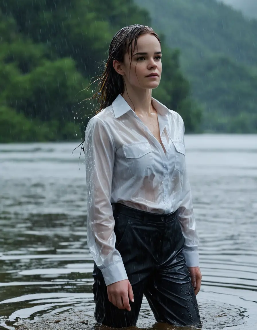 photo of young woman, in soaking wet, drenched clothes,
Black Business Trouser, Black Business Suit Jacket with white button down long sleeve business Shirt, Clear deep Mountain Lake, heavy rain, 
enjoying, wet clothes stuck to body,
detailed textures of the wet clothes, wet face, wet plastered hair,
wet, drenched, professional, high-quality details, full body view.
sharp focus, ultra-high pixel detail, realistic, high-quality, full colors, incredibly detailed, 4k, 8k, 16k, hyper-realistic, RAW photo, masterpiece, ultra-detailed, professionally color graded, professional photograph, Danielle Panabaker, completely soaked, fully drenched, completely wet, wetlook, heavy rain, side parting, open hair, long hair, rain storm