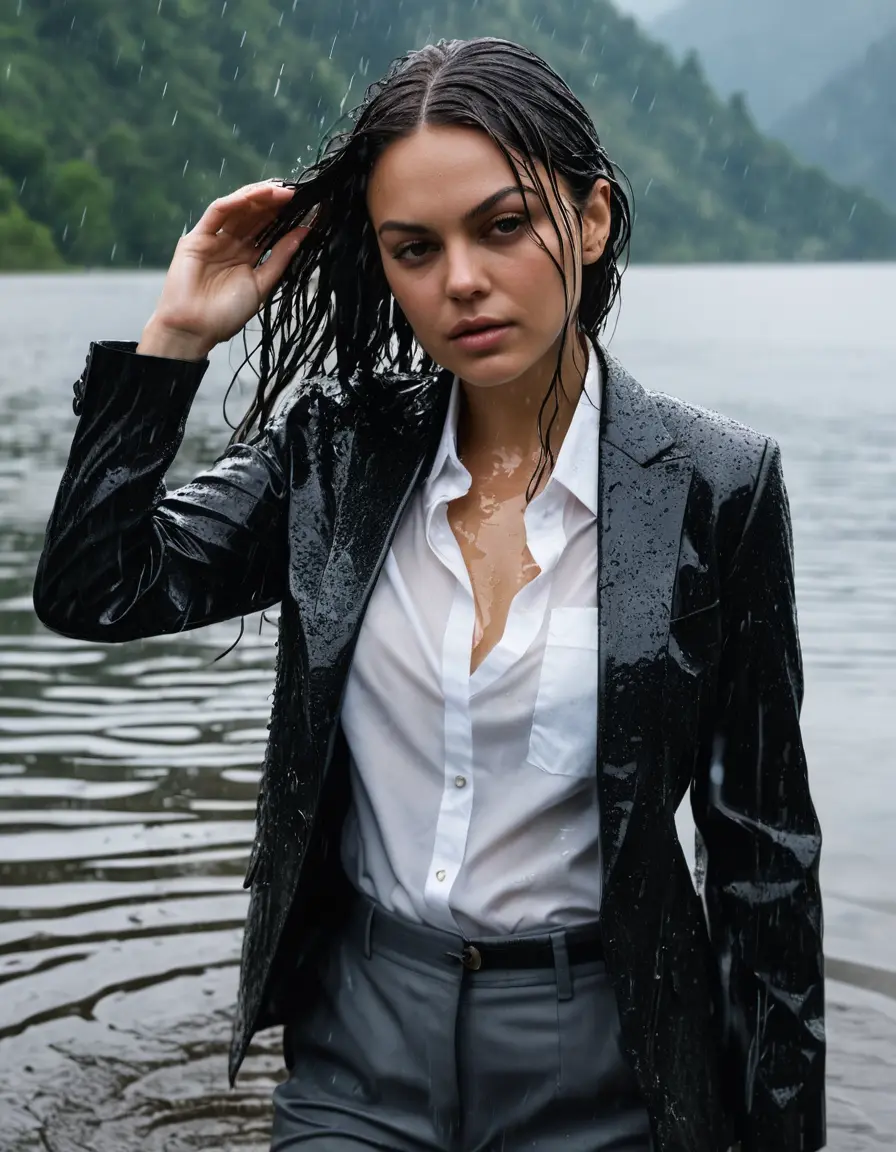 photo of young woman, in soaking wet, drenched clothes,
Black Business Trouser, Black Business Suit Jacket with white button down long sleeve business Shirt, Clear deep Mountain Lake, heavy rain, 
enjoying, wet clothes stuck to body,
detailed textures of the wet clothes, wet face, wet plastered hair,
wet, drenched, professional, high-quality details, full body view.
sharp focus, ultra-high pixel detail, realistic, high-quality, full colors, incredibly detailed, 4k, 8k, 16k, hyper-realistic, RAW photo, masterpiece, ultra-detailed, professionally color graded, professional photograph, Mila Kunis, completely soaked, fully drenched, completely wet, wetlook, heavy rain, side parting, open hair, long hair, rain storm