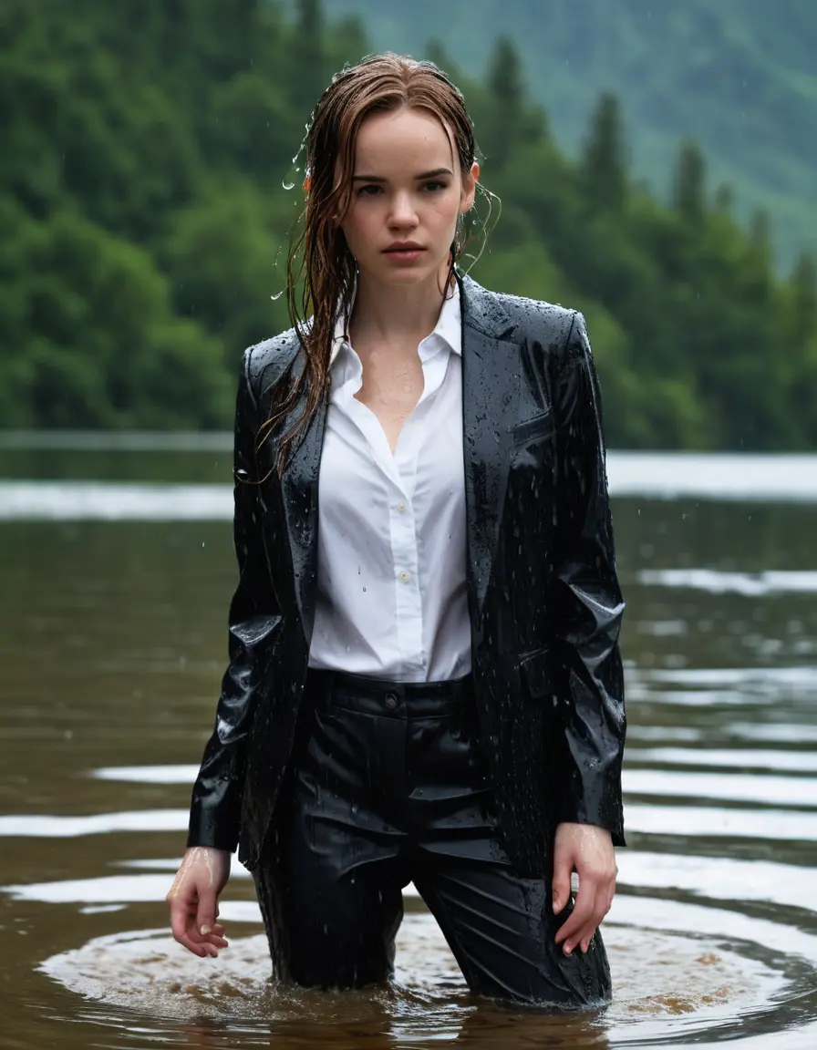 photo of young woman, in soaking wet, drenched clothes,
Black Business Trouser, Black Business Suit Jacket with white button down long sleeve business Shirt, Clear deep Mountain Lake, heavy rain, 
enjoying, wet clothes stuck to body,
detailed textures of the wet clothes, wet face, wet plastered hair,
wet, drenched, professional, high-quality details, full body view.
sharp focus, ultra-high pixel detail, realistic, high-quality, full colors, incredibly detailed, 4k, 8k, 16k, hyper-realistic, RAW photo, masterpiece, ultra-detailed, professionally color graded, professional photograph, Danielle Panabaker, completely soaked, fully drenched, completely wet, wetlook, heavy rain, side parting, open hair, long hair, rain storm