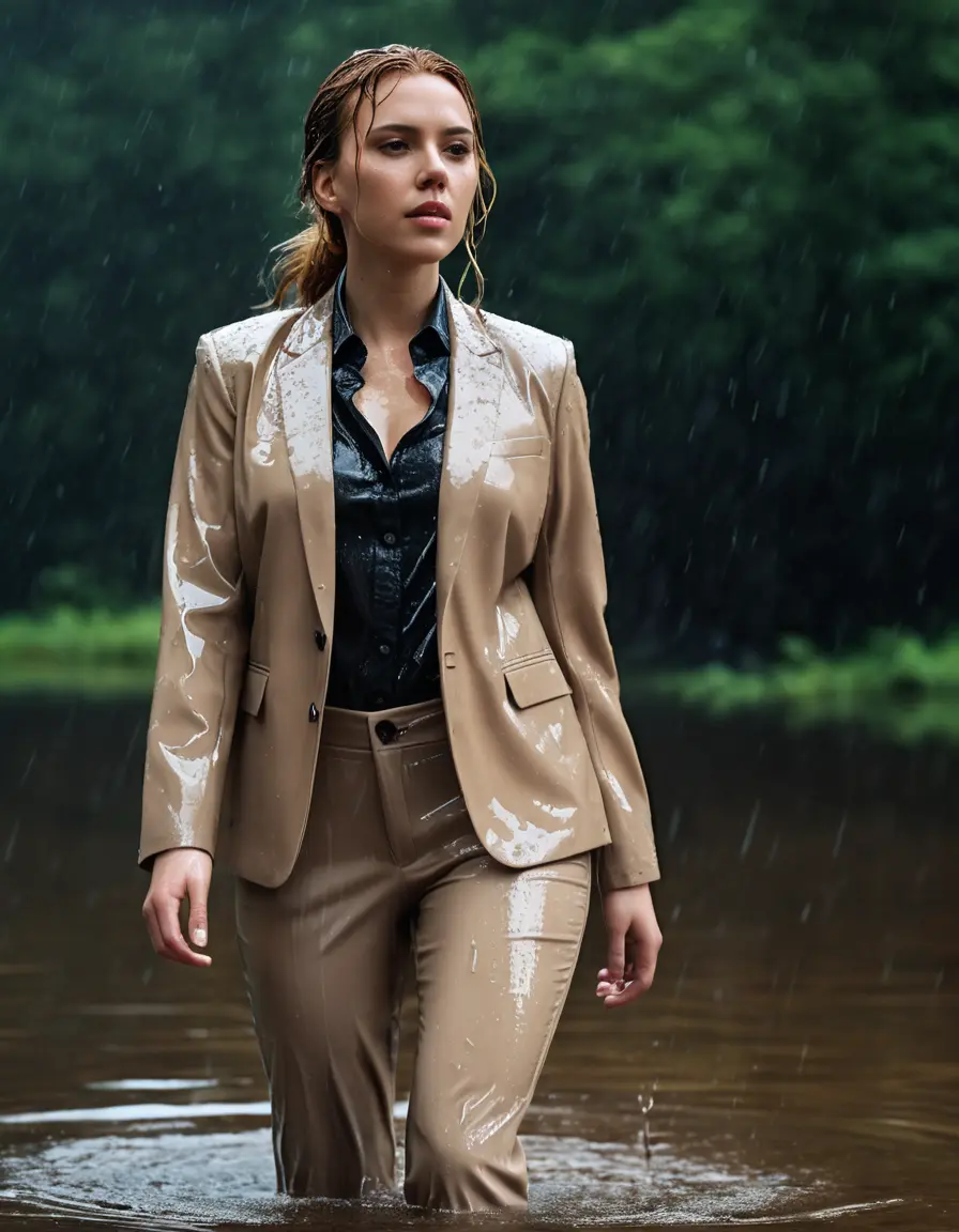 photo of young woman, in soaking wet, drenched clothes,
Beige Business Trouser, Beige Business Suit Jacket with Black button down long sleeve business Shirt, Clear deep Mountain Lake, heavy rain, 
enjoying, wet clothes stuck to body,
detailed textures of the wet clothes, wet face, wet plastered hair,
wet, drenched, professional, high-quality details, full body view.
sharp focus, ultra-high pixel detail, realistic, high-quality, full colors, incredibly detailed, 4k, 8k, 16k, hyper-realistic, RAW photo, masterpiece, ultra-detailed, professionally color graded, professional photograph, Scarlett Johansson, completely soaked, fully drenched, completely wet, wetlook, heavy rain, side parting, open hair, long hair, rain storm