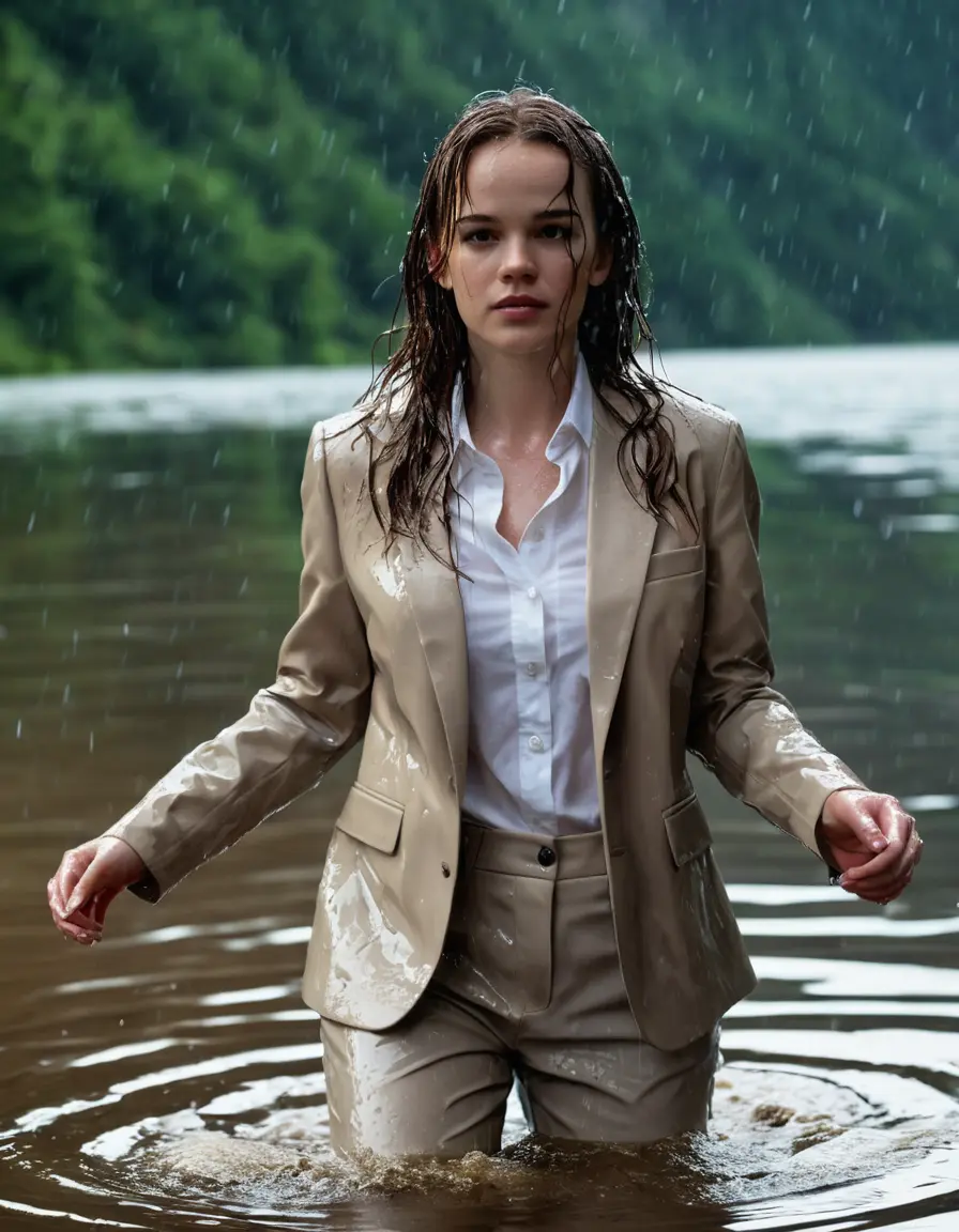 photo of young woman, in soaking wet, drenched clothes,
Beige Business Trouser, Beige Business Suit Jacket with white button down long sleeve business Shirt, Clear deep Mountain Lake, heavy rain, 
enjoying, wet clothes stuck to body,
detailed textures of the wet clothes, wet face, wet plastered hair,
wet, drenched, professional, high-quality details, full body view.
sharp focus, ultra-high pixel detail, realistic, high-quality, full colors, incredibly detailed, 4k, 8k, 16k, hyper-realistic, RAW photo, masterpiece, ultra-detailed, professionally color graded, professional photograph, Danielle Panabaker, completely soaked, fully drenched, completely wet, wetlook, heavy rain, side parting, open hair, long hair, rain storm