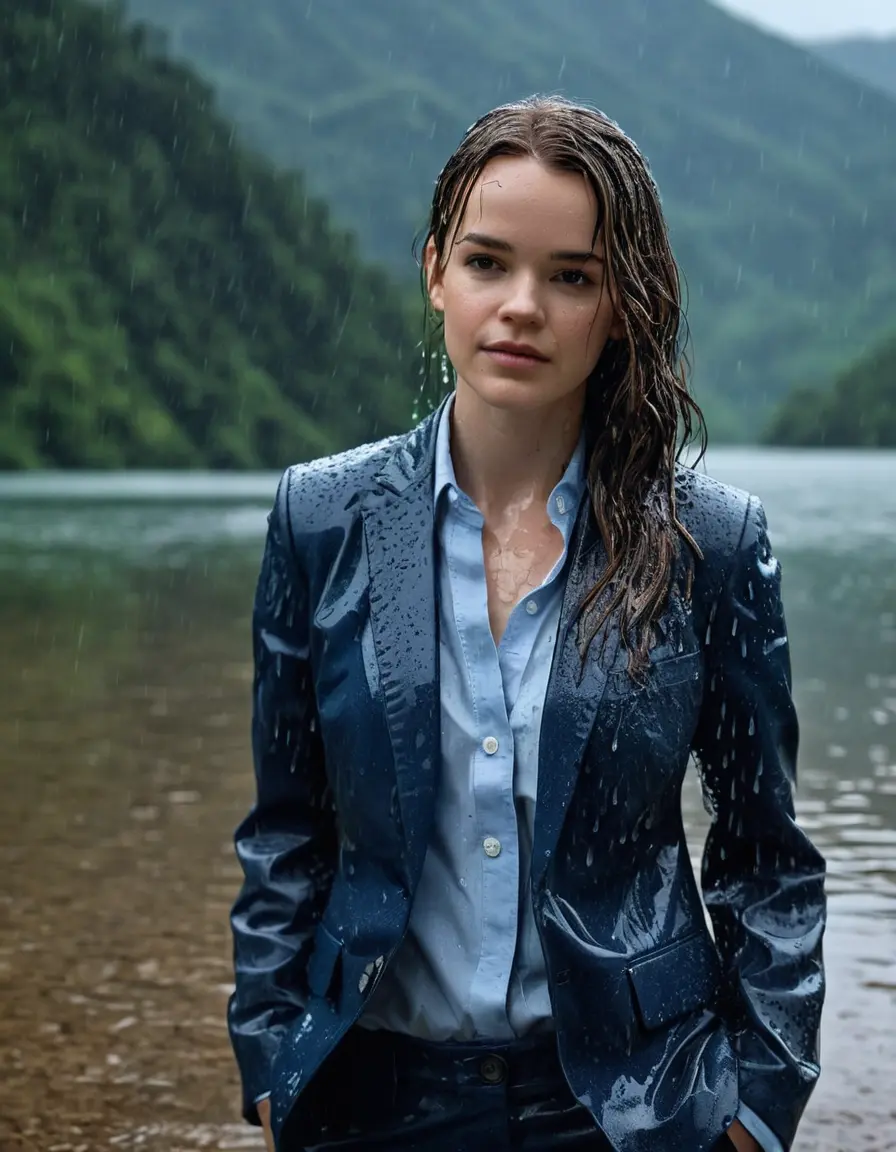 photo of young woman, in soaking wet, drenched clothes,
Dark Blue Business Trouser, Dark Blue Business Suit Jacket with light Blue button down long sleeve business Shirt, Clear deep Mountain Lake, heavy rain, 
enjoying, wet clothes stuck to body,
detailed textures of the wet clothes, wet face, wet plastered hair,
wet, drenched, professional, high-quality details, full body view.
sharp focus, ultra-high pixel detail, realistic, high-quality, full colors, incredibly detailed, 4k, 8k, 16k, hyper-realistic, RAW photo, masterpiece, ultra-detailed, professionally color graded, professional photograph, Danielle Panabaker, completely soaked, fully drenched, completely wet, wetlook, heavy rain, side parting, open hair, long hair, rain storm