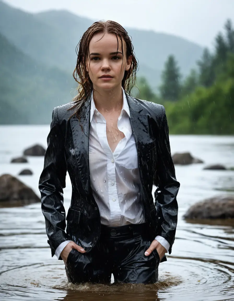 photo of young woman, in soaking wet, drenched clothes,
Black Business Trouser, Black Business Suit Jacket with white button down long sleeve business Shirt, Clear deep Mountain Lake, heavy rain, 
enjoying, wet clothes stuck to body,
detailed textures of the wet clothes, wet face, wet plastered hair,
wet, drenched, professional, high-quality details, full body view.
sharp focus, ultra-high pixel detail, realistic, high-quality, full colors, incredibly detailed, 4k, 8k, 16k, hyper-realistic, RAW photo, masterpiece, ultra-detailed, professionally color graded, professional photograph, Danielle Panabaker, completely soaked, fully drenched, completely wet, wetlook, heavy rain, side parting, open hair, long hair, rain storm