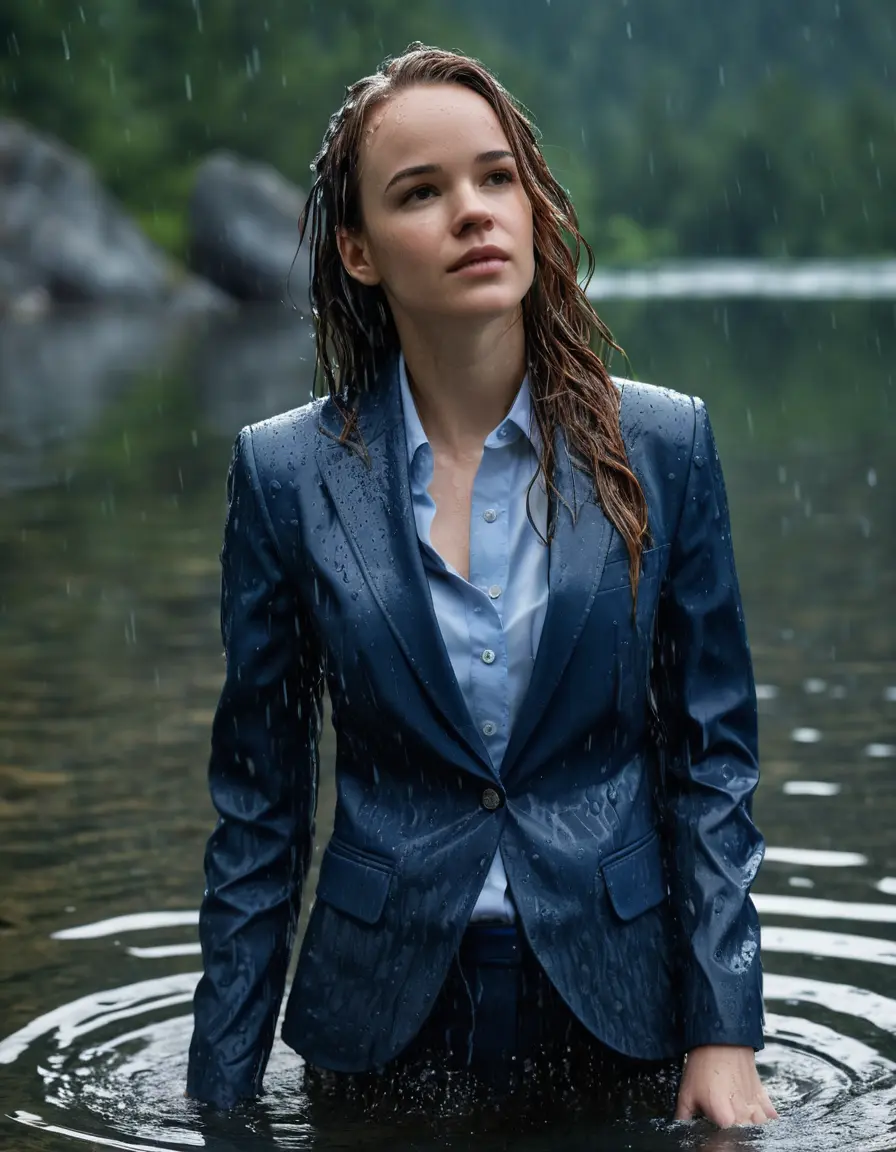 photo of young woman, in soaking wet, drenched clothes,
Dark Blue Business Trouser, Dark Blue Business Suit Jacket with light Blue button down long sleeve business Shirt, underwater in a Clear deep Mountain Lake, 
enjoying, wet clothes stuck to body,
detailed textures of the wet clothes, wet face, wet plastered hair,
wet, drenched, professional, high-quality details, full body view.
sharp focus, ultra-high pixel detail, realistic, high-quality, full colors, incredibly detailed, 4k, 8k, 16k, hyper-realistic, RAW photo, masterpiece, ultra-detailed, professionally color graded, professional photograph, Danielle Panabaker, completely soaked, fully drenched, completely wet, wetlook, heavy rain, side parting, open hair, long hair, rain storm, Swimming underwater