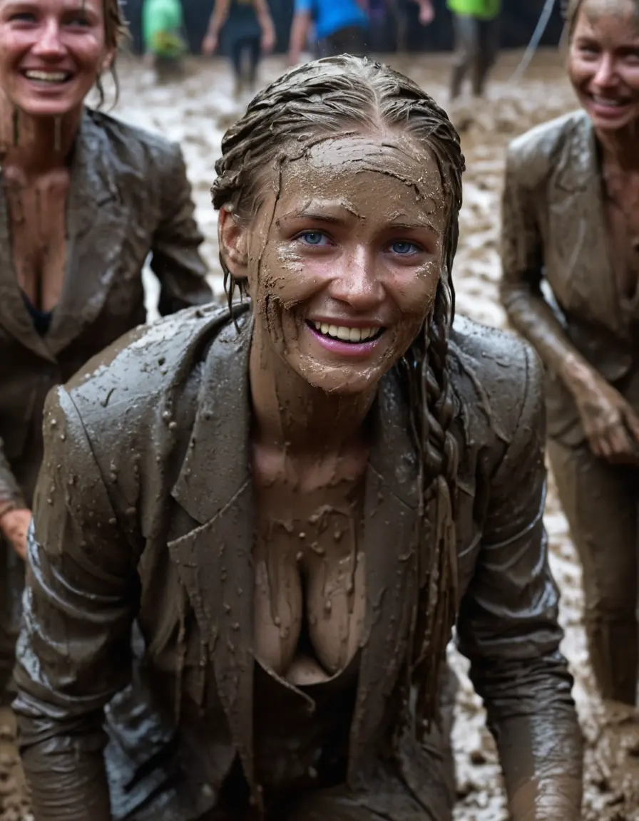 photo of young woman, in soaking wet, drenched clothes,
, , Completely ruined and discoloured black muddy fully-opened unbuttoned blazer like a fancy uniform over topless with super large heavy muddy boobs, Muddy party in a dark muddy club. Mud splashed walls with mud-flooded floor. Dark mood lighting with pink and blue neon lights., 
enjoying, wet clothes stuck to body,
detailed textures of the wet clothes, wet face, wet plastered hair,
wet, drenched, professional, high-quality details, full body view.
sharp focus, ultra-high pixel detail, realistic, high-quality, full colors, incredibly detailed, 4k, 8k, 16k, hyper-realistic, RAW photo, masterpiece, ultra-detailed, professionally color graded, professional photograph, Three elegant sixty years old skinny cute beautiful stunning blonde lesbian seductive tall business mature women standing under the heavy mud shower. They are proudly wearing their ruined open blazers and flaunting their huge muddy boobs and large muddy cleavages. They are having a muddy shower and playing like crazy mud creatures during the indoor muddy disco and they are wearing their ruined blazers while touching each others boobs. Their expensive formal clothes are filled with mud and their boobs are totally mud-covered. Total muddy appearance and full mud coverage. The classy elegant club is totally destroyed by mud, deep liquid mud on the floor, mud spots everywhere, mud flows down on the walls and mud on the furnitures with elegant clubbing muddy people in the background. Stylish braided very long hairstyle, muddy braided hair, smiling mudy faces, realistic blue eyes. The women enjoying carefree to be muddy, be dirty and be naughty while they are enjoying the muddy fetish party. Realistic boobs, realistic huge saggy boobs and nipples and photorealistic detailed happy and satisfied facial expressions. Intimate close-up picture about the old women from above. Close-up photo, highly realistic representation, ultra sharp focus, highly photorealistic detailed textures, highly photorealistic detailed facial features and expressions, highly photorealistic hands, highly emotional reactions, highly best quality, highly sharp photorealistic image, highly photorealistic details, full UHD resolution, 32 K, very high level of detail and image sharpness, zoomed in
