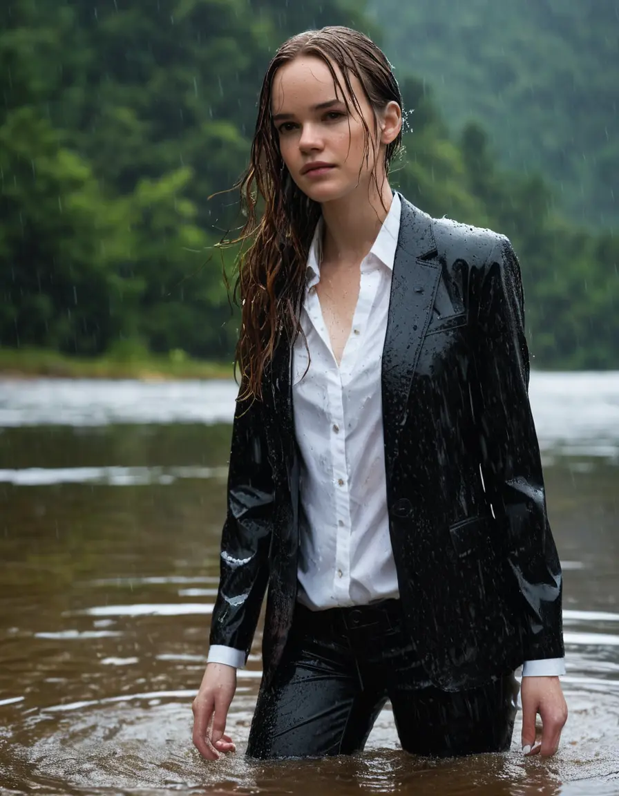 photo of young woman, in soaking wet, drenched clothes,
Black Business Trouser, Black Business Suit Jacket with white button down long sleeve business Shirt, Clear deep Mountain Lake, heavy rain, 
enjoying, wet clothes stuck to body,
detailed textures of the wet clothes, wet face, wet plastered hair,
wet, drenched, professional, high-quality details, full body view.
sharp focus, ultra-high pixel detail, realistic, high-quality, full colors, incredibly detailed, 4k, 8k, 16k, hyper-realistic, RAW photo, masterpiece, ultra-detailed, professionally color graded, professional photograph, Danielle Panabaker, completely soaked, fully drenched, completely wet, wetlook, heavy rain, side parting, open hair, long hair, rain storm