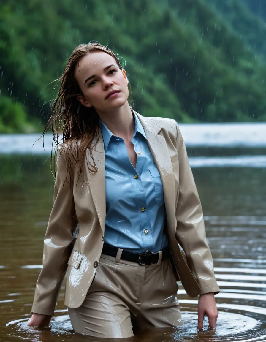 photo of young woman, in soaking wet, drenched clothes,
Beige Business Trouser, Beige Business Suit Jacket with light Blue button down long sleeve business Shirt, Clear deep Mountain Lake, heavy rain, 
enjoying, wet clothes stuck to body,
detailed textures of the wet clothes, wet face, wet plastered hair,
wet, drenched, professional, high-quality details, full body view.
sharp focus, ultra-high pixel detail, realistic, high-quality, full colors, incredibly detailed, 4k, 8k, 16k, hyper-realistic, RAW photo, masterpiece, ultra-detailed, professionally color graded, professional photograph, Danielle Panabaker, completely soaked, fully drenched, completely wet, wetlook, heavy rain, side parting, open hair, long hair, rain storm