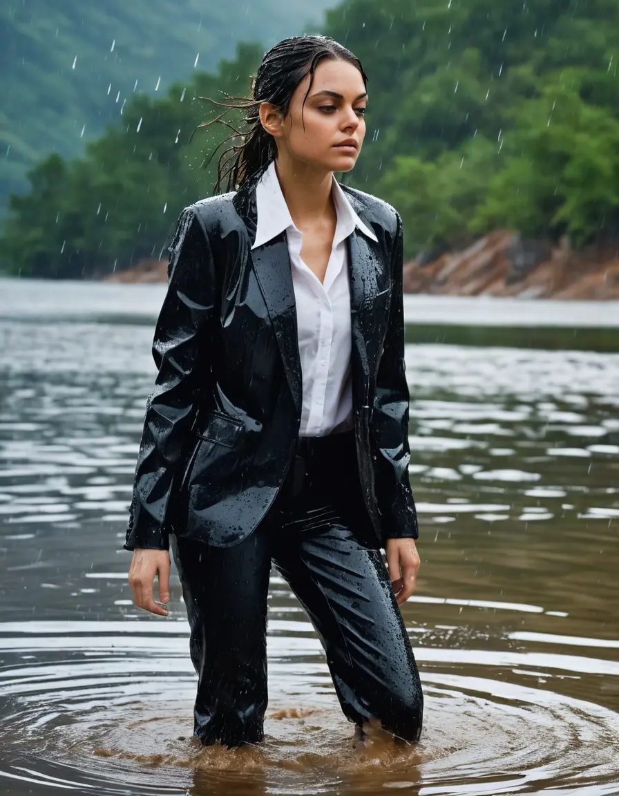 photo of young woman, in soaking wet, drenched clothes,
Black Business Trouser, Black Business Suit Jacket with white button down long sleeve business Shirt, Clear deep Mountain Lake, heavy rain, 
enjoying, wet clothes stuck to body,
detailed textures of the wet clothes, wet face, wet plastered hair,
wet, drenched, professional, high-quality details, full body view.
sharp focus, ultra-high pixel detail, realistic, high-quality, full colors, incredibly detailed, 4k, 8k, 16k, hyper-realistic, RAW photo, masterpiece, ultra-detailed, professionally color graded, professional photograph, Mila Kunis, completely soaked, fully drenched, completely wet, wetlook, heavy rain, side parting, open hair, long hair, rain storm