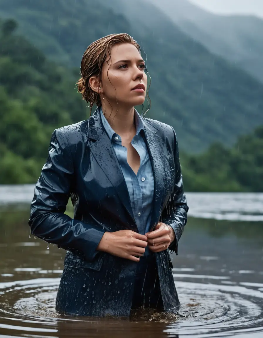 photo of young woman, in soaking wet, drenched clothes,
Dark Blue Business Trouser, Dark Blue Business Suit Jacket with Light Blue button down long sleeve business Shirt, Clear deep Mountain Lake, heavy rain, 
enjoying, wet clothes stuck to body,
detailed textures of the wet clothes, wet face, wet plastered hair,
wet, drenched, professional, high-quality details, full body view.
sharp focus, ultra-high pixel detail, realistic, high-quality, full colors, incredibly detailed, 4k, 8k, 16k, hyper-realistic, RAW photo, masterpiece, ultra-detailed, professionally color graded, professional photograph, Scarlett Johansson, completely soaked, fully drenched, completely wet, wetlook, heavy rain, side parting, open hair, long hair, rain storm