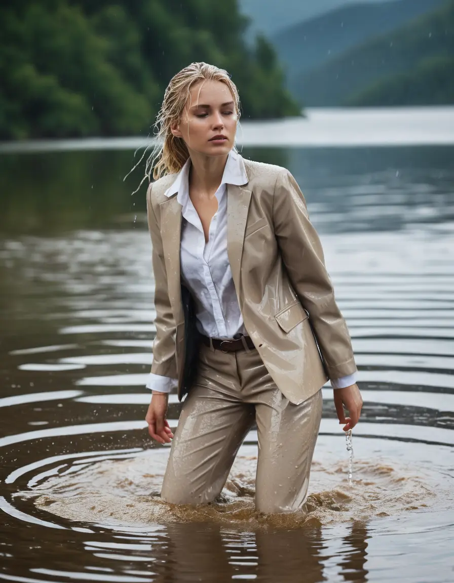 photo of young woman, in soaking wet, drenched clothes,
Beige Business Trouser, Beige Business Suit Jacket with white button down long sleeve business Shirt, Clear Mountain Lake with heavy rain, 
enjoying, wet clothes stuck to body,
detailed textures of the wet clothes, wet face, wet plastered hair,
wet, drenched, professional, high-quality details, full body view.
sharp focus, ultra-high pixel detail, realistic, high-quality, full colors, incredibly detailed, 4k, 8k, 16k, hyper-realistic, RAW photo, masterpiece, ultra-detailed, professionally color graded, professional photograph, white blonde haired woman age 20,completely soaked, fully drenched, completely wet, wetlook, heavy rain, side parting, open hair, long hair, rain storm