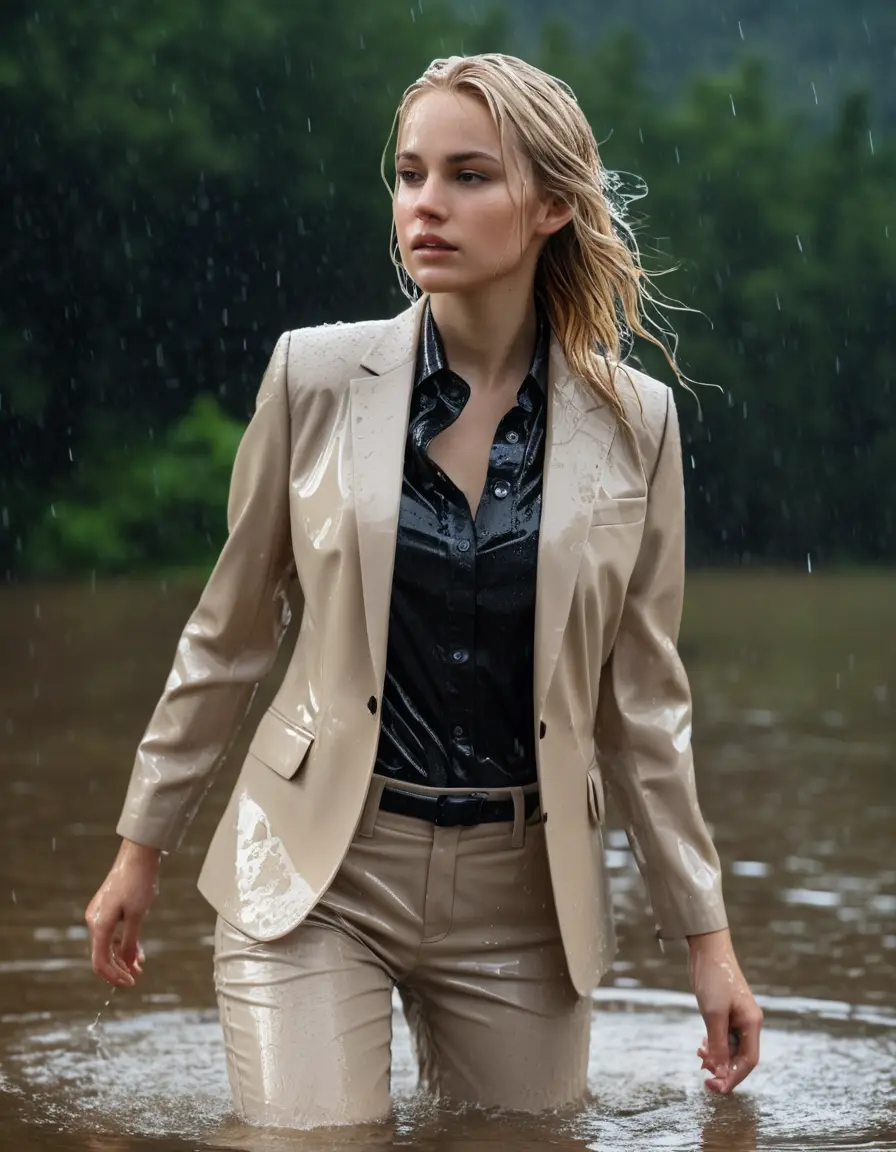 photo of young woman, in soaking wet, drenched clothes,
Beige Business Trouser, Beige Business Suit Jacket with Black button down long sleeve business Shirt, Clear Mountain Lake with heavy rain, 
enjoying, wet clothes stuck to body,
detailed textures of the wet clothes, wet face, wet plastered hair,
wet, drenched, professional, high-quality details, full body view.
sharp focus, ultra-high pixel detail, realistic, high-quality, full colors, incredibly detailed, 4k, 8k, 16k, hyper-realistic, RAW photo, masterpiece, ultra-detailed, professionally color graded, professional photograph, white blonde haired woman age 20,completely soaked, fully drenched, completely wet, wetlook, heavy rain, side parting, open hair, long hair, rain storm