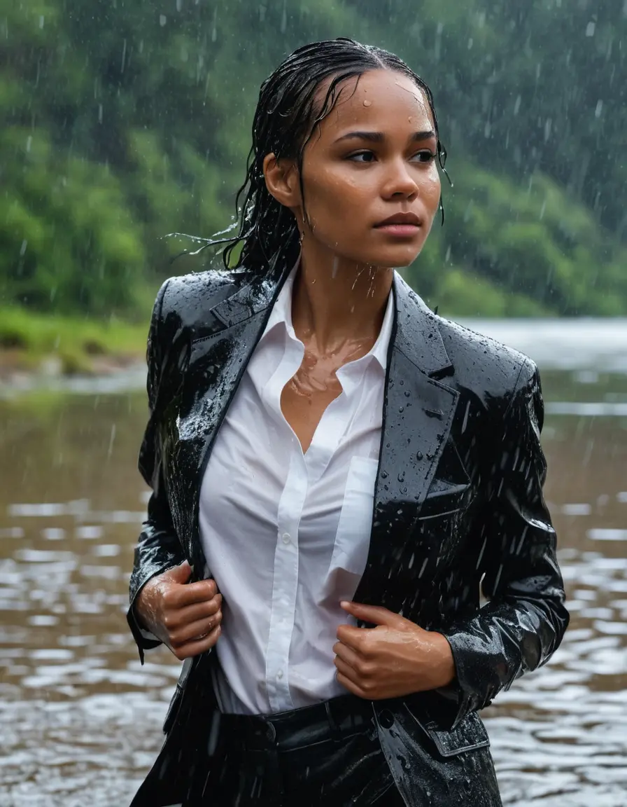 photo of young woman, in soaking wet, drenched clothes,
Black Business Trouser, Black Business Suit Jacket with white button down long sleeve business Shirt, Clear Mountain Lake with heavy rain, 
enjoying, wet clothes stuck to body,
detailed textures of the wet clothes, wet face, wet plastered hair,
wet, drenched, professional, high-quality details, full body view.
sharp focus, ultra-high pixel detail, realistic, high-quality, full colors, incredibly detailed, 4k, 8k, 16k, hyper-realistic, RAW photo, masterpiece, ultra-detailed, professionally color graded, professional photograph, Thandiwe Newton, completely soaked, fully drenched, completely wet, wetlook, heavy rain, side parting, open hair, long hair, rain storm